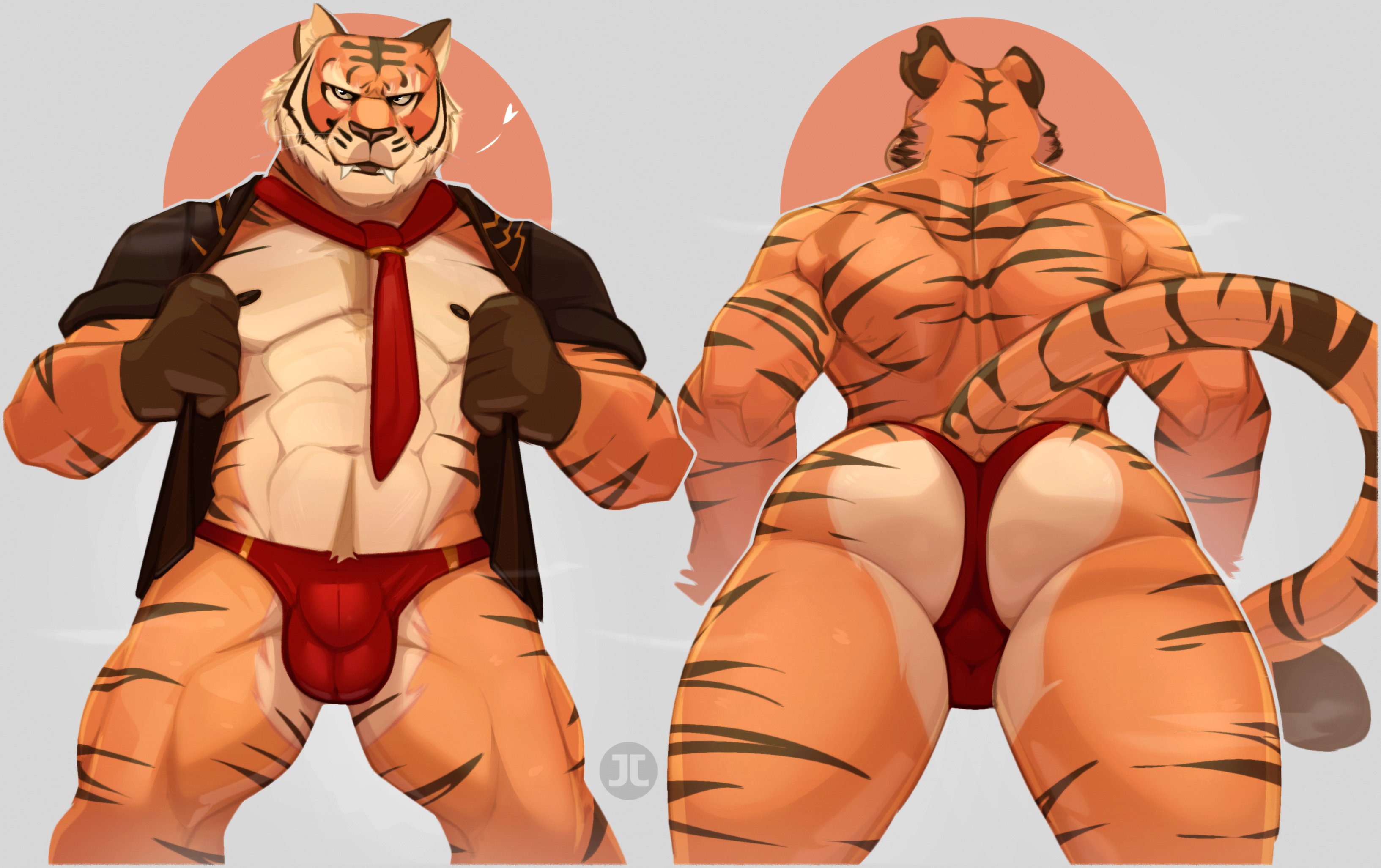 2023, abs, anthro, ass, athletic, athletic anthro, athletic male, balls, balls outline, big ass, big butt, big thighs, bubble ass, bubble butt, bulge, clothed, clothing, detailed bulge, digital media (artwork), fangs, felid, fortnite, front view, fur, gay, genital outline, gloves, handwear, hi res, jacket, jumpy jackal, male, male only, mammal, muscles, muscular, muscular anthro, muscular arms, muscular ass, muscular back, muscular legs, muscular male, muscular thighs, navel, necktie, nipples, oscar (fortnite), pantherine, partially clothed, penis, penis bulge, presenting, presenting ass, presenting butt, rear view, red clothing, red underwear, seductive, solo, solo focus, standing, striped body, striped fur, stripes, tail, teeth, thick ass, thick hips, thick legs, thick thighs, thong, tiger, topwear, underwear, yiff