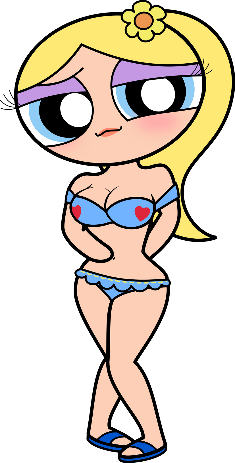 1girls aged_up alpha_channel artstyle_imitation belly big_boobs big_breasts bikini blonde_hair blue_bikini blue_eyes blue_sandals blush boobies breasts bubbles_(powerpuff_girls) cleavage cute female flower_in_hair for_sticker_use half-closed_eyes half_naked light-skinned_female light_skin lipstick looking_at_viewer navel no_background pale-skinned_female pale_skin png powerpuff_girls sandals smile solo solo_female standing sticker_template swimsuit transparent_background transparent_png yellow_hair