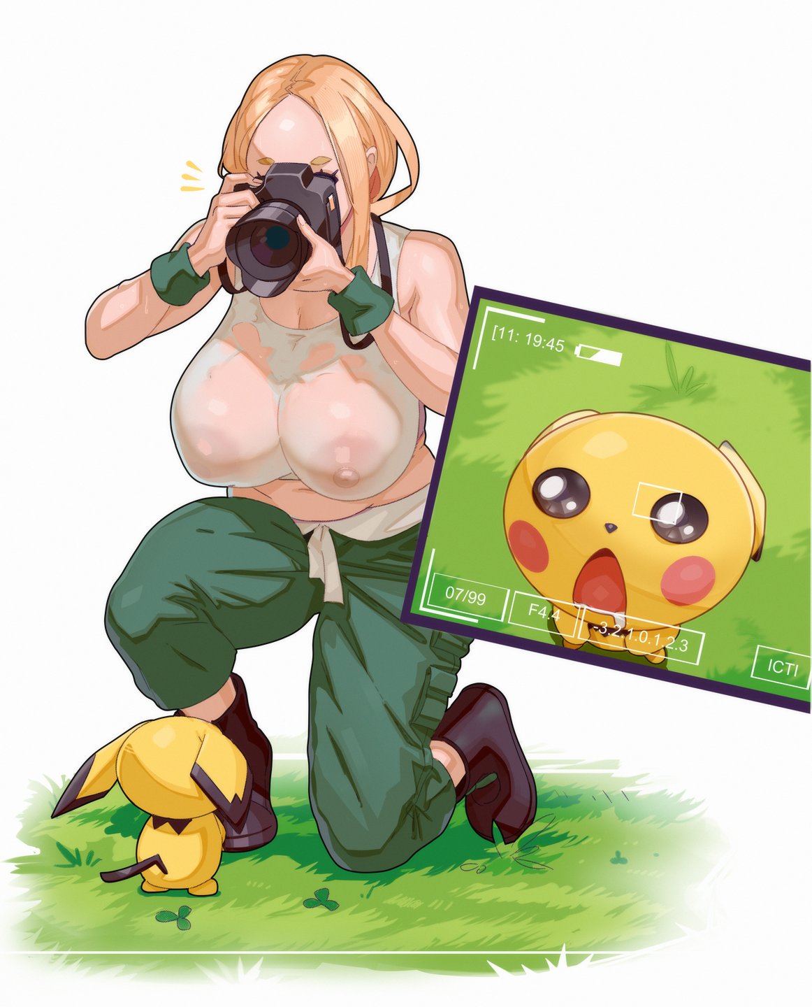 1girls big_breasts blonde_hair camera camera_view covered_nipples female full_body hi_res ictiwinter in_awe kneeling massive_breasts materclaws nipples_visible_through_clothing pichu pokemon pokemon_(species) see-through staring staring_at_breasts sweaty_body viola_(pokemon) wet wet_clothes