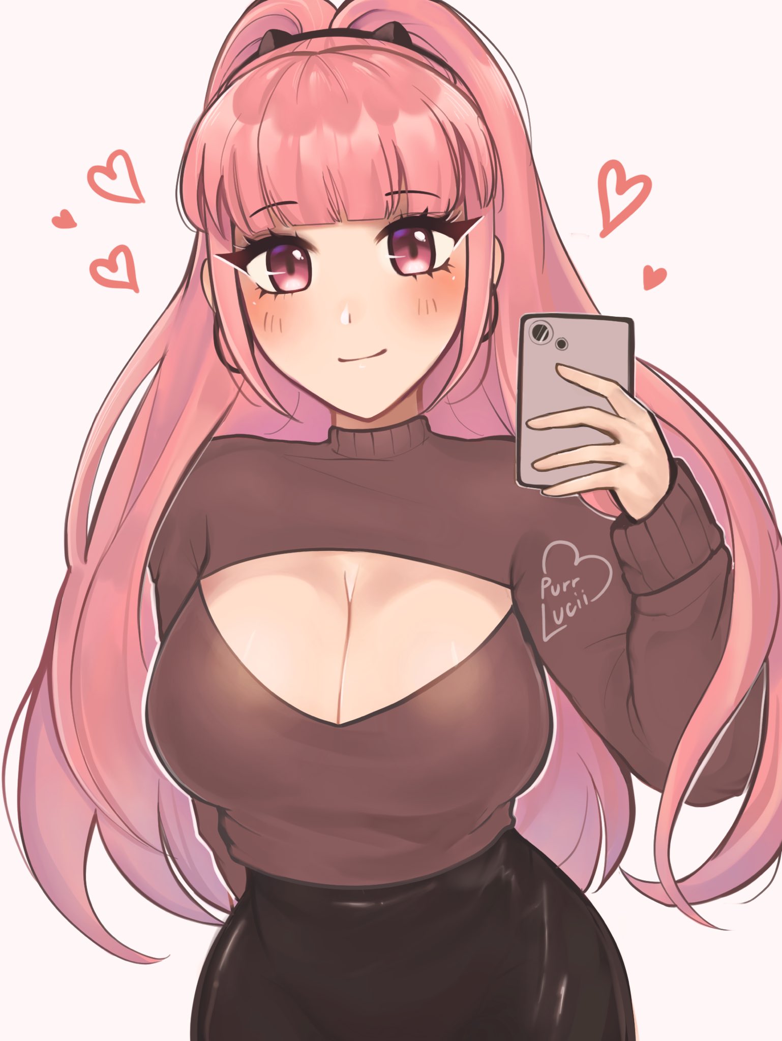 1girls, 2023, 2d, adult, adult female, alternate costume, artist name, artist signature, big breasts, blunt bangs, blush, breasts, brown sweater, cellphone, cleavage, cleavage cutout, clothed, clothed female, clothing, clothing cutout, commentary, female, female only, fire emblem, fire emblem: three houses, fully clothed, headband, heart, heroine, highres, hilda valentine goneril, holding, holding phone, human, human female, human only, keyhole turtleneck, large breasts, light skin, light-skinned female, long hair, long sleeves, looking at viewer, nintendo, no sex, not ai generated, phone, pink eyes, pink hair, ponytail, post-timeskip, purrlucii, realistic breast size, realistic proportions, safe, safe for work, sfw, simple background, smartphone, smile, solo, solo female, straight hair, sweater, turtleneck, turtleneck sweater, upper body, very long hair, white background, younger female