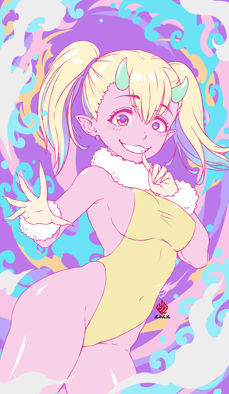 1girls, amaguchi chiyoko, big breasts, breasts, clothed, clothing, curvy, demon, demon girl, demon horns, female, female focus, female only, hi res, highres, human, human only, light skin, light-skinned female, looking at viewer, medium hair, navel, please don't bully me, nagatoro, pose, revealing clothes, simple background, smile, solo, twintails, wide hips, yoshi (nagatoro)