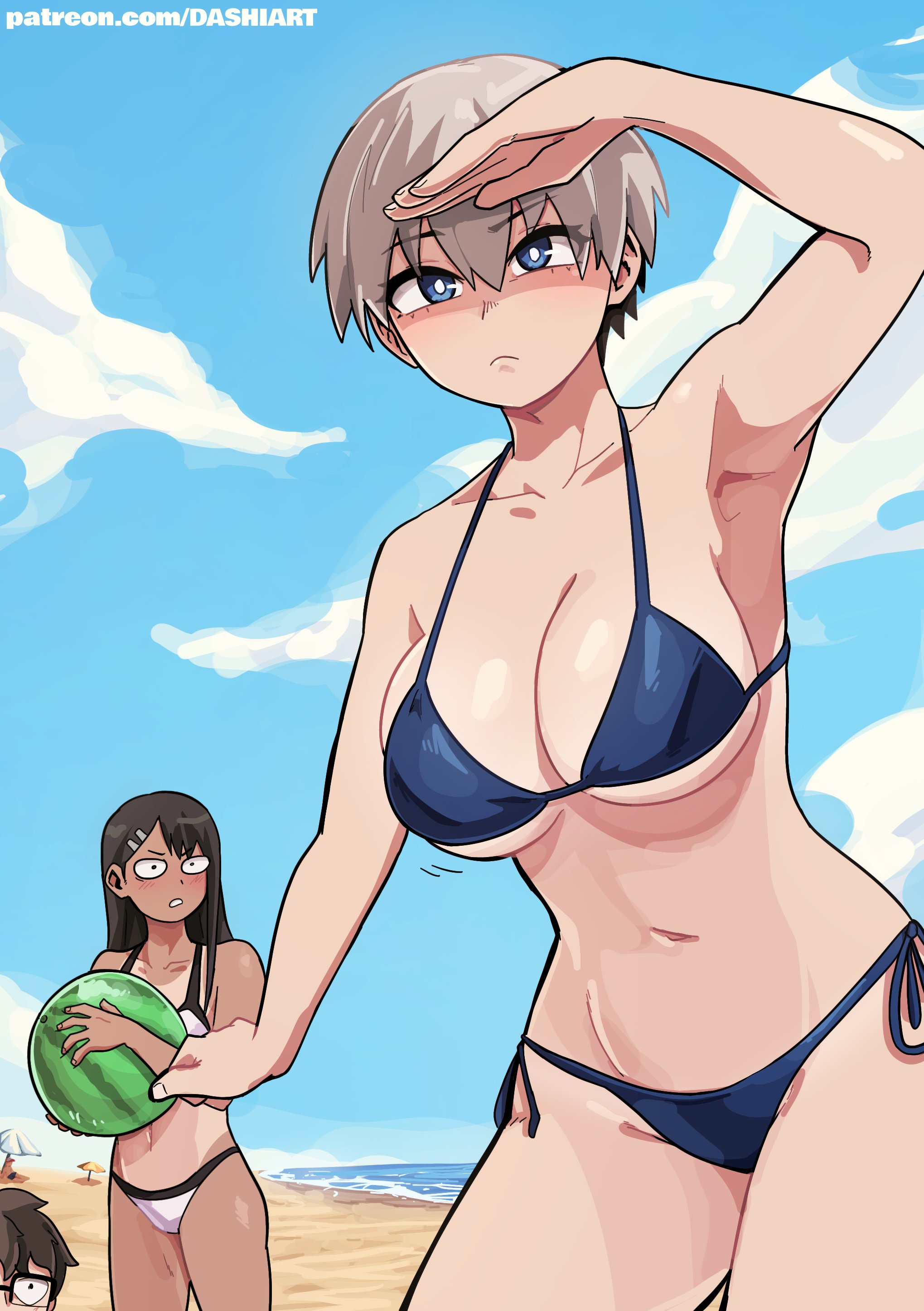 1boy, 2girls, beach, big breasts, black hair, blue eyes, breasts, brown eyes, brown hair, cleavage, clothed, clothing, crossover, curvy, dashi art, female, female focus, glasses, hayase nagatoro, hi res, highres, human, human only, long hair, looking at viewer, male, multiple females, multiple girls, naoto hachioji (senpai), navel, ocean, please don't bully me, nagatoro, revealing clothes, short hair, silver hair, simple background, small breasts, tan, tan body, tan skin, tan-skinned female, tanned, tanned female, uzaki hana, uzaki-chan wa asobitai!, watermark, wide hips