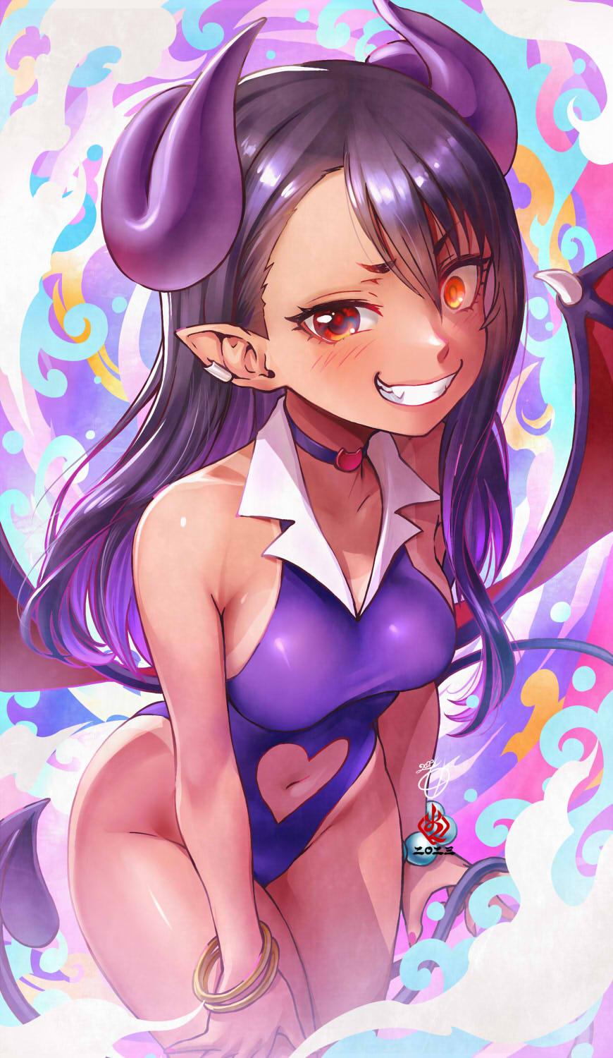 1girls, amaguchi chiyoko, black hair, breasts, brown eyes, clothed, clothing, collar, demon, demon girl, demon horns, demon tail, demon wings, earrings, female, female focus, female only, hayase nagatoro, hi res, highres, human, human only, long hair, looking at viewer, navel, please don't bully me, nagatoro, pose, revealing clothes, simple background, small breasts, smile, solo, succubus, tan, tan body, tan skin, tan-skinned female, tanline, tanned, tanned female