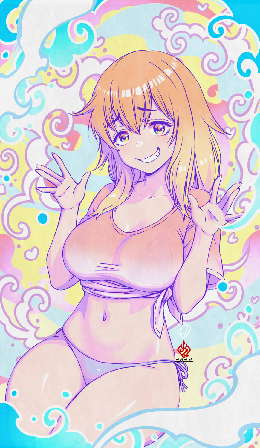1girls, amaguchi chiyoko, big breasts, bikini, breasts, clothed, clothing, curvy, female, female focus, female only, gamo-chan, hi res, highres, human, human only, light skin, light-skinned female, long hair, looking at viewer, navel, orange eyes, orange hair, please don't bully me, nagatoro, pose, revealing clothes, simple background, solo, watermark, wide hips