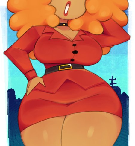 belt big_breasts breasts curly_hair hand_in_hair hand_on_own_hip light-skinned_female light_skin powerpuff_girls readraws reahmi red_dress red_lipstick rekkadraws sara_bellum solo teeth thick_thighs