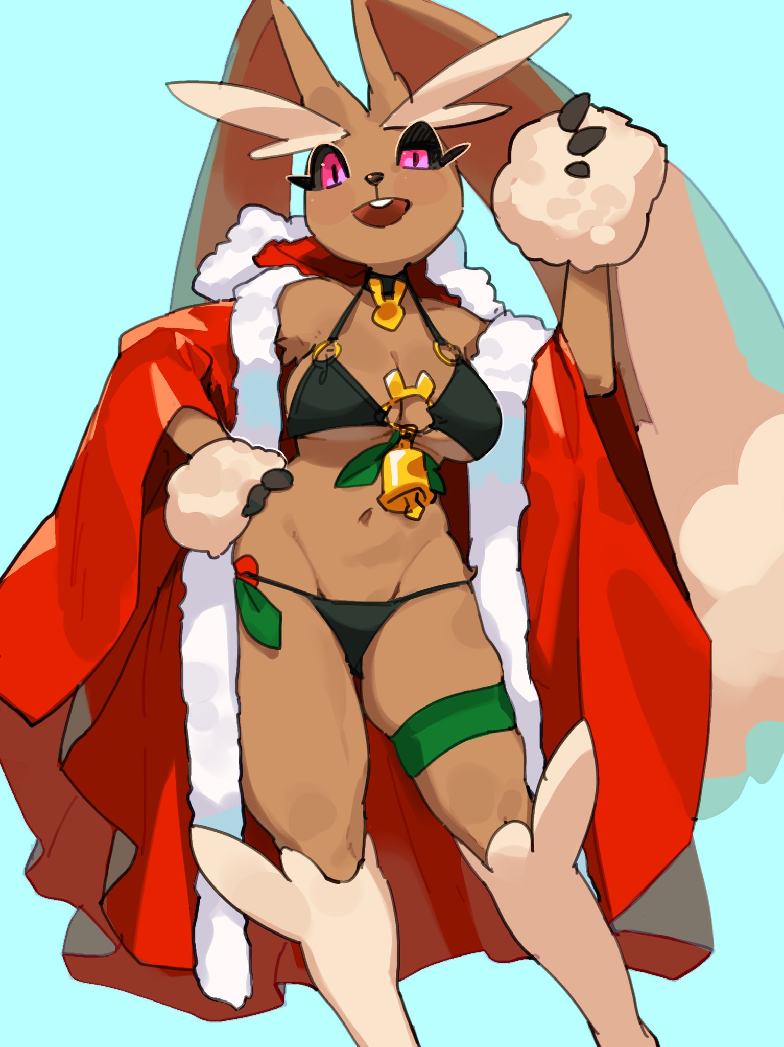 1girls, anthro, anthro only, bikini, black sclera, blue background, breasts, brown body, brown fur, christmas, christmas clothing, clothed, clothing, eye half closed, female, female only, fur, generation 4 pokemon, hi res, kame 3, looking at viewer, lopunny, navel, nintendo, pink eyes, pokemon, pokemon (species), simple background, solo, swimsuit, swimwear, thigh strap