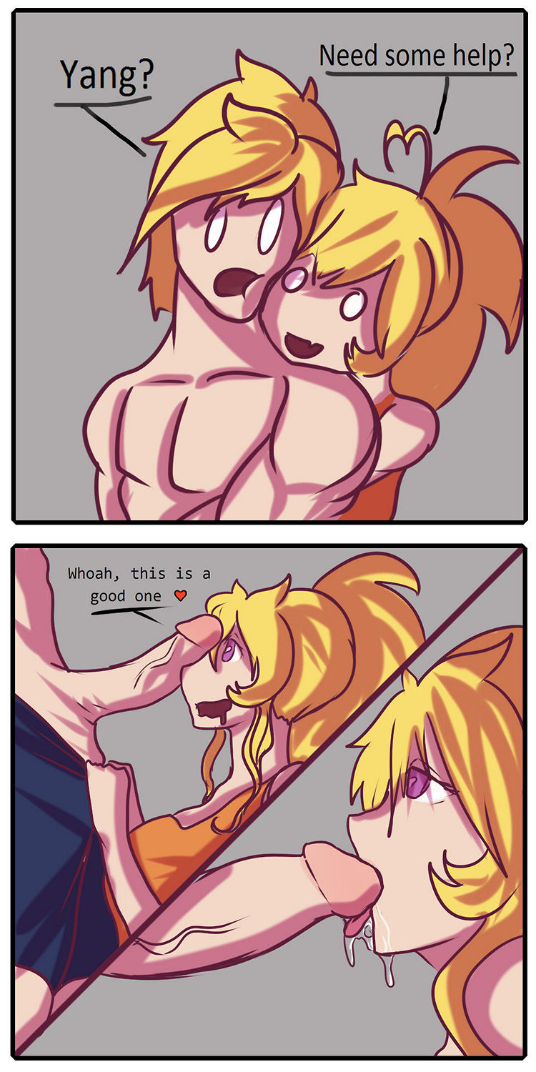 1boy 1girls blonde_female blonde_hair clothed_female cock_on_face erect_penis female half-dressed half_naked jaune_arc licking_penis male mr.russo ponytail pulling_down_pants purple_eyes rwby shirtless_male tank_top yang_xiao_long