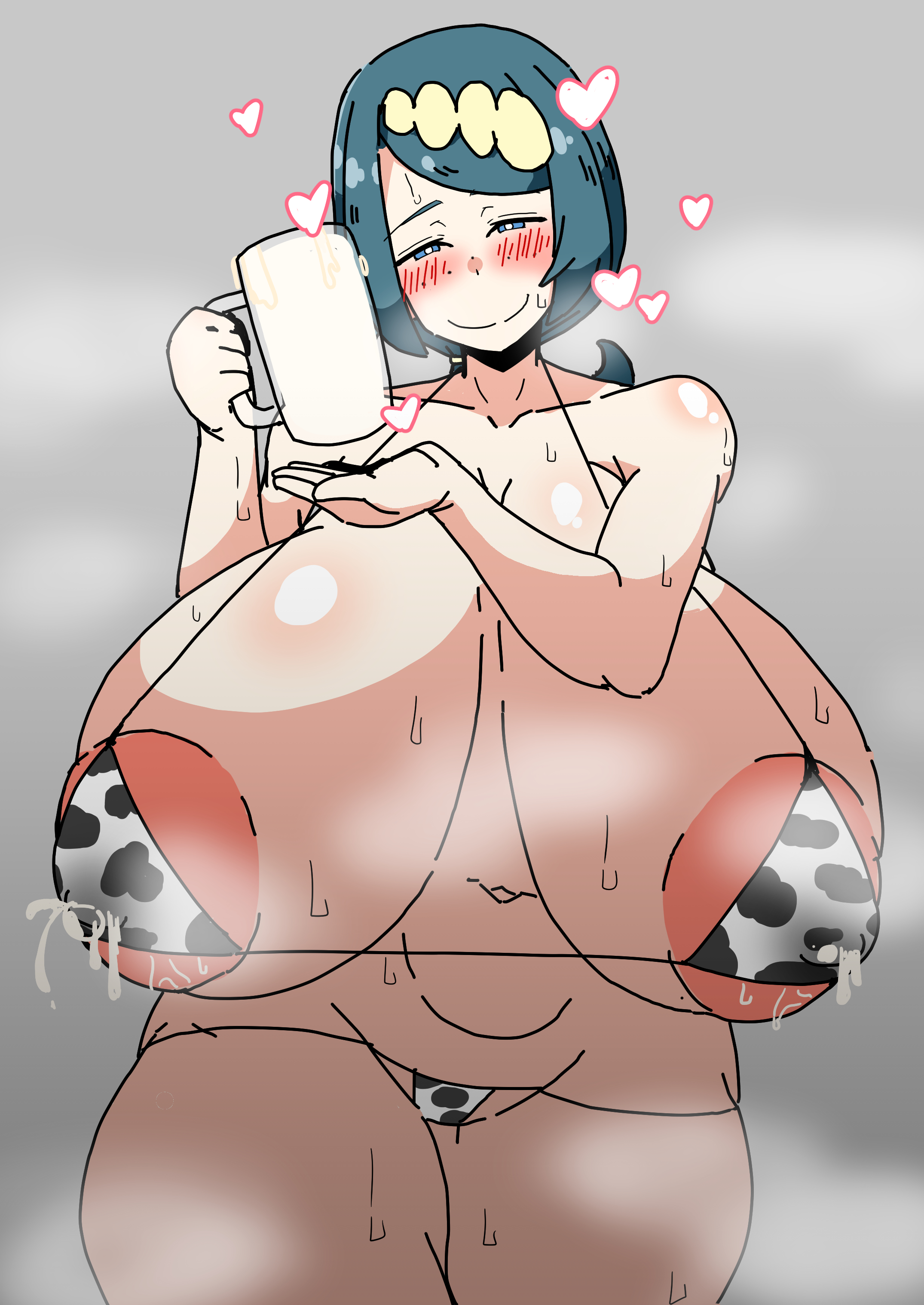 1girls, big breasts, bikini, blue eyes, blue hair, blush, blushing, breasts, busty, cow print, cow print bikini, curvaceous, curvy, curvy body, curvy female, curvy figure, female, game freak, huge breasts, jar, lana's mother (pokemon), large breasts, milf, mother, nintendo, nishiki (artist), pokemon, pokemon (game), pokemon sm, smile, smiling, smiling at viewer, voluptuous