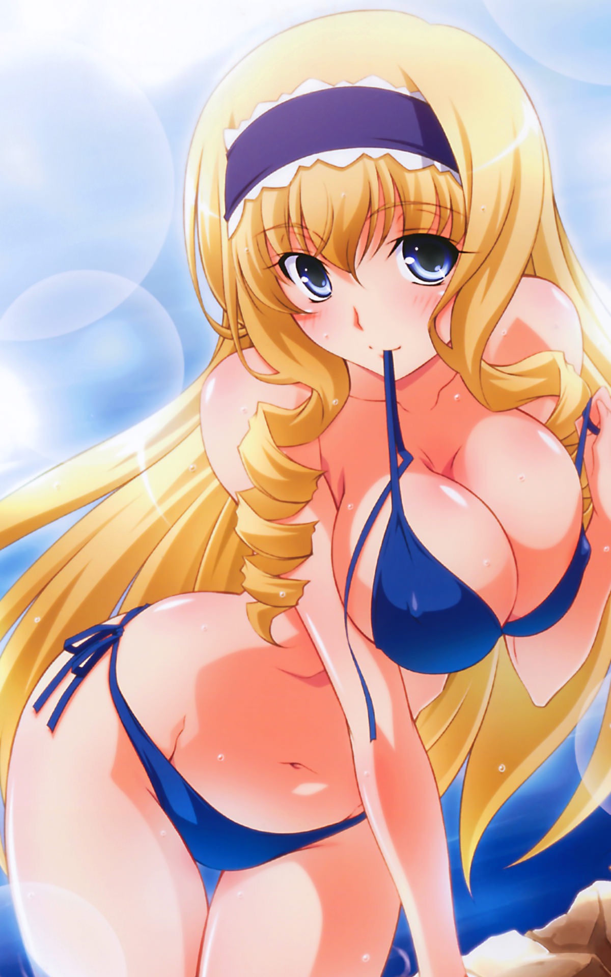 1girls bare_shoulders big_breasts bikini blonde_hair blue_bikini blue_eyes blush breasts busty cecilia_alcott cleavage covered_erect_nipples curly_hair curvy female female_only hairband image infinite_stratos izumi_mahiru large_breasts leaning_forward legs long_hair looking_at_viewer mouth_hold navel sensual side-tie_bikini_bottom smile solo swimsuit teasing thigh_gap thighs very_long_hair wide_hips