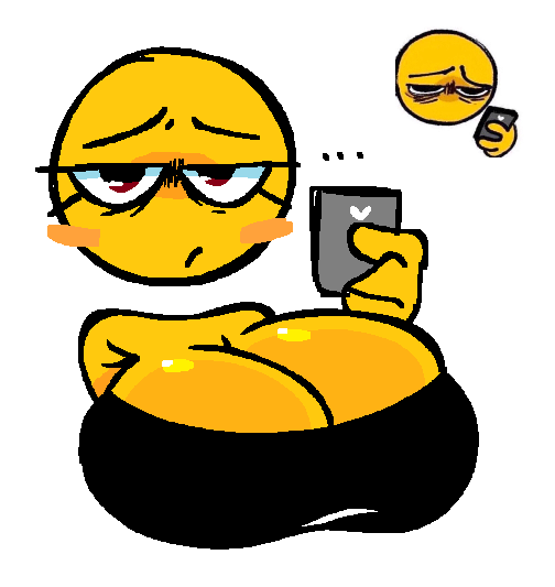 big_breasts black_shirt emoji emoji_(race) floating_hands floating_head jjoyplus no_neck phone phone_in_hand tired_look yellow_body