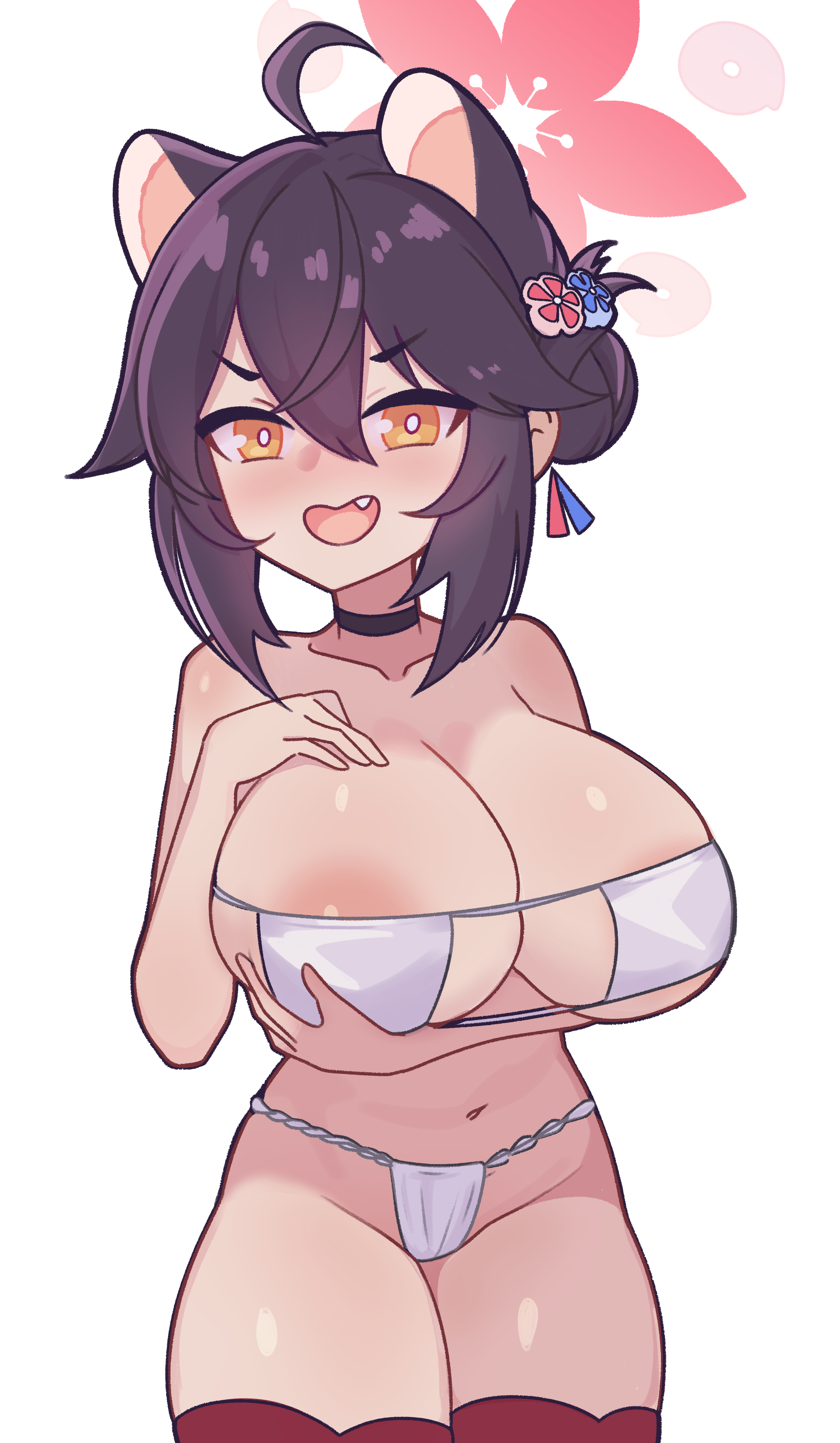 1girls, ahoge, allied hyakkiyako academy student, ancort, animal ears, areola slip, bangs, bikini, black choker, black hair, blue archive, blush, breasts, choker, cleavage, collarbone, eyepatch bikini, female, flower, fundoshi, hair between eyes, hair bun, hair flower, hair ornament, halo, highres, huge breasts, inner discipline club (blue archive), japanese clothes, kaede (blue archive), large breasts, looking at viewer, navel, oerba yun fang, open mouth, petite, ribbon-trimmed thighhighs, short stack, shortstack, simple background, single side bun, skin fang, smile, solo, swimsuit, thighhighs, white background, white bikini, yellow eyes