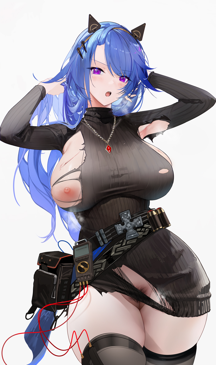 ammunition belt black_dress blue_hair breasts curvy dress echocalypse female female_pubic_hair fenriru_(echocalypse) highres jewelry large_breasts long_hair long_sleeves looking_at_viewer necklace nipples omone_hokoma_agm pubic_hair purple_eyes solo thick_thighs thighhighs thighs torn_clothes torn_dress white_background wide_hips