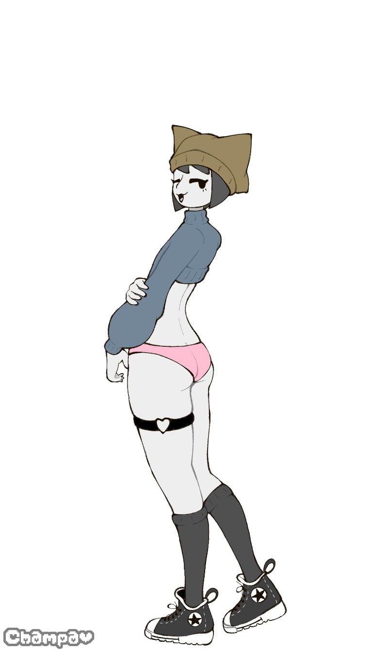 almost_naked cat_ears catboy champaanimation crop_top looking_at_viewer looking_back oc panties shoes smug smug_face socks