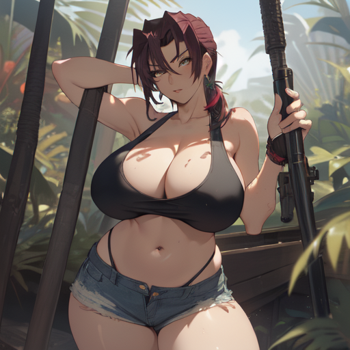 ai_generated alternate_breast_size black_lagoon burgundy_hair daisy_dukes gun huge_breasts jean_shorts jungle large_breasts pixai revy sniper sniper_rifle tank_top tattoo tribal_tattoo