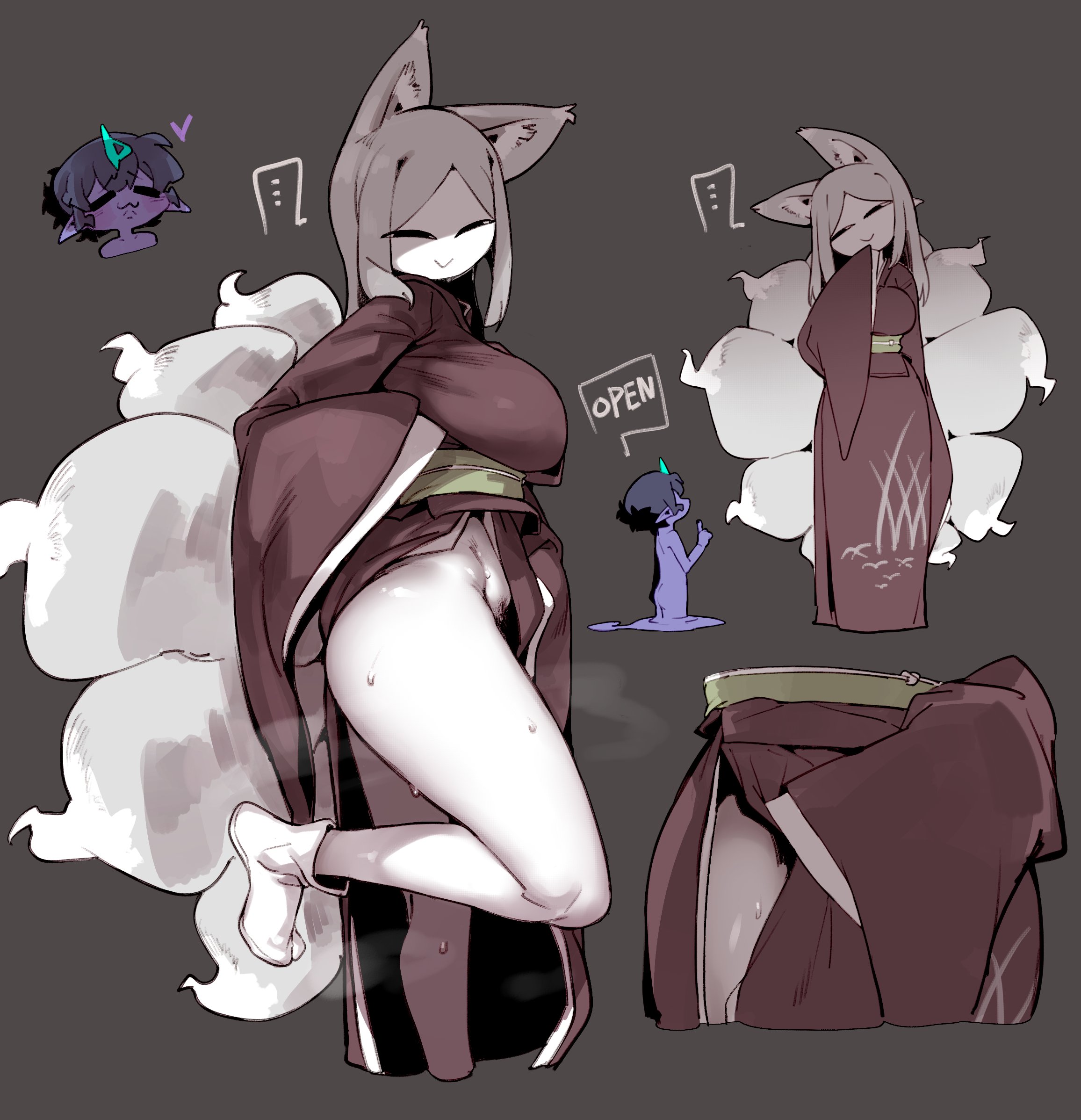 ..., 1boy, 1girls, animal ears, ass, big breasts, bottomless, breasts, clothing, doppel, feet, female, fox, heart, long hair, looking at viewer, male, multi tail, partially clothed, presenting, pussy, smile, standing, sweat, tail, tails, thick thighs, white hair, yanaiba, yashiki kitsune-san