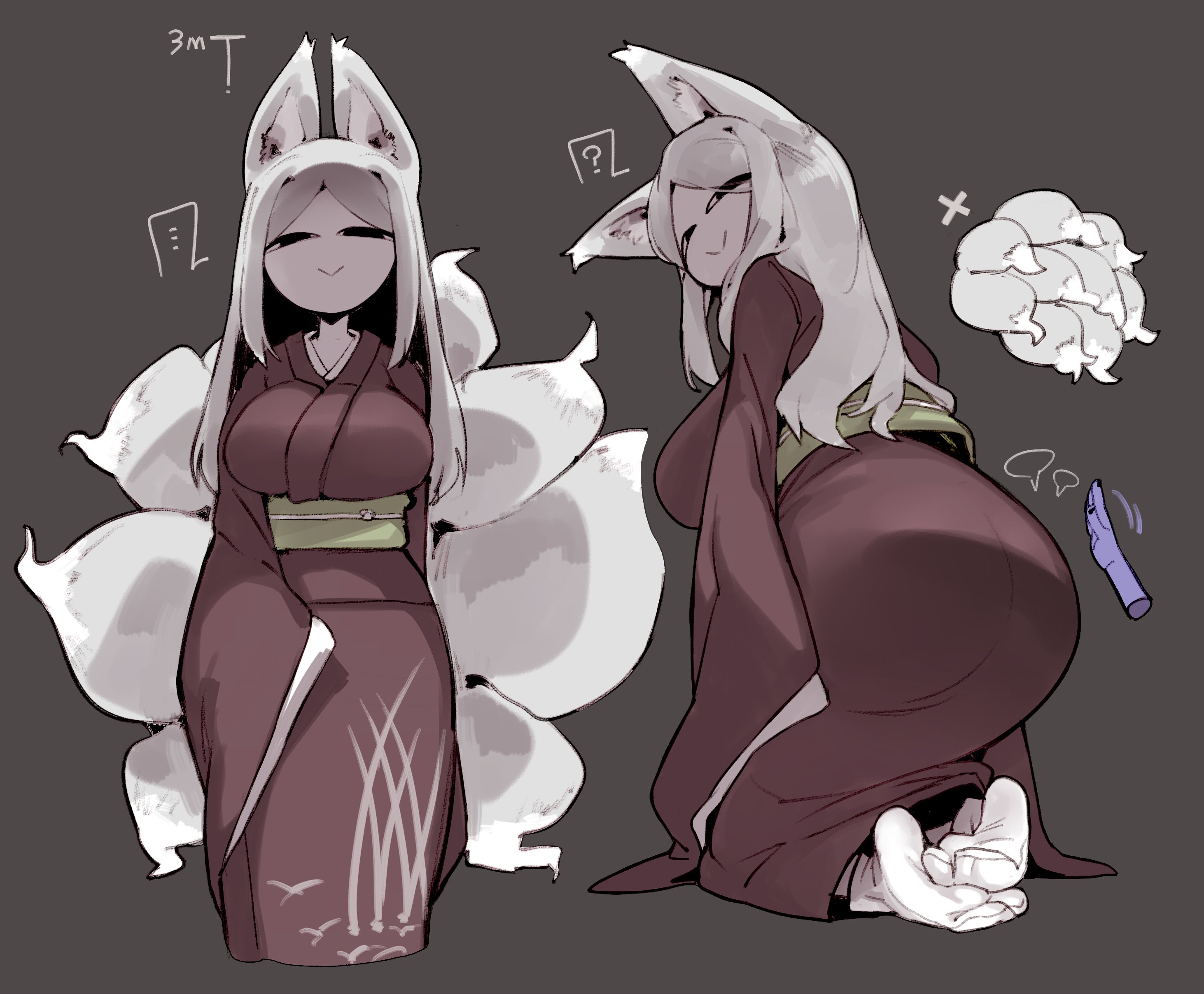 ?, ..., 1girls, animal ears, ass, big breasts, breasts, clothed, clothing, creepy smile, doppel, feet, female, fox, kitsune, long hair, looking at viewer, looking back, multi tail, nine tailed fox, presenting, smile, solo, standing, tail, tails, thick thighs, white hair, yanaiba, yashiki kitsune-san