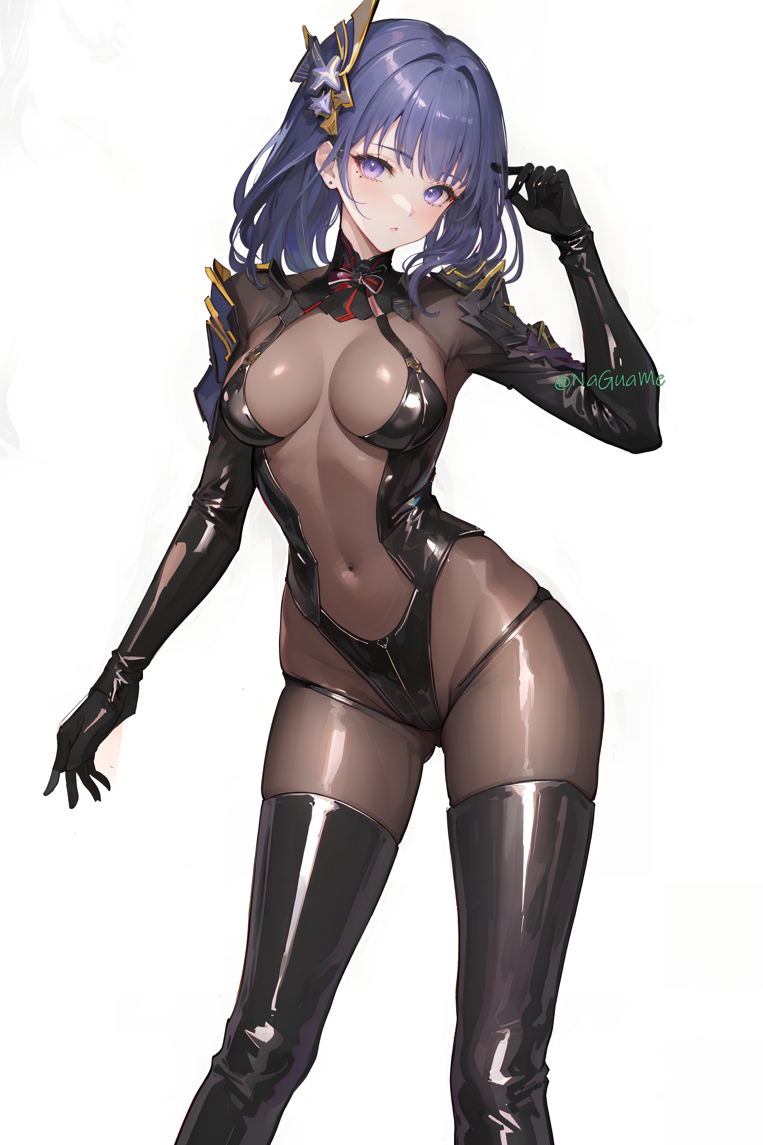 ai generated, breasts, cleavage, embarrassed, female, female focus, female only, game cg, genshin impact, naguame, nervous, purple eyes, purple hair, raiden shogun, shy, stable diffusion