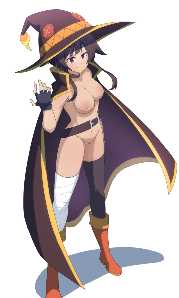 1girls belly_button belt big_breasts breasts casual cloak clothing exposed_torso female footwear handwear headwear human kono_subarashii_sekai_ni_shukufuku_wo! legwear looking_at_viewer megumin nipples open_clothes outerwear pale_skin pussy white_background witch_hat zukafu_shimoto