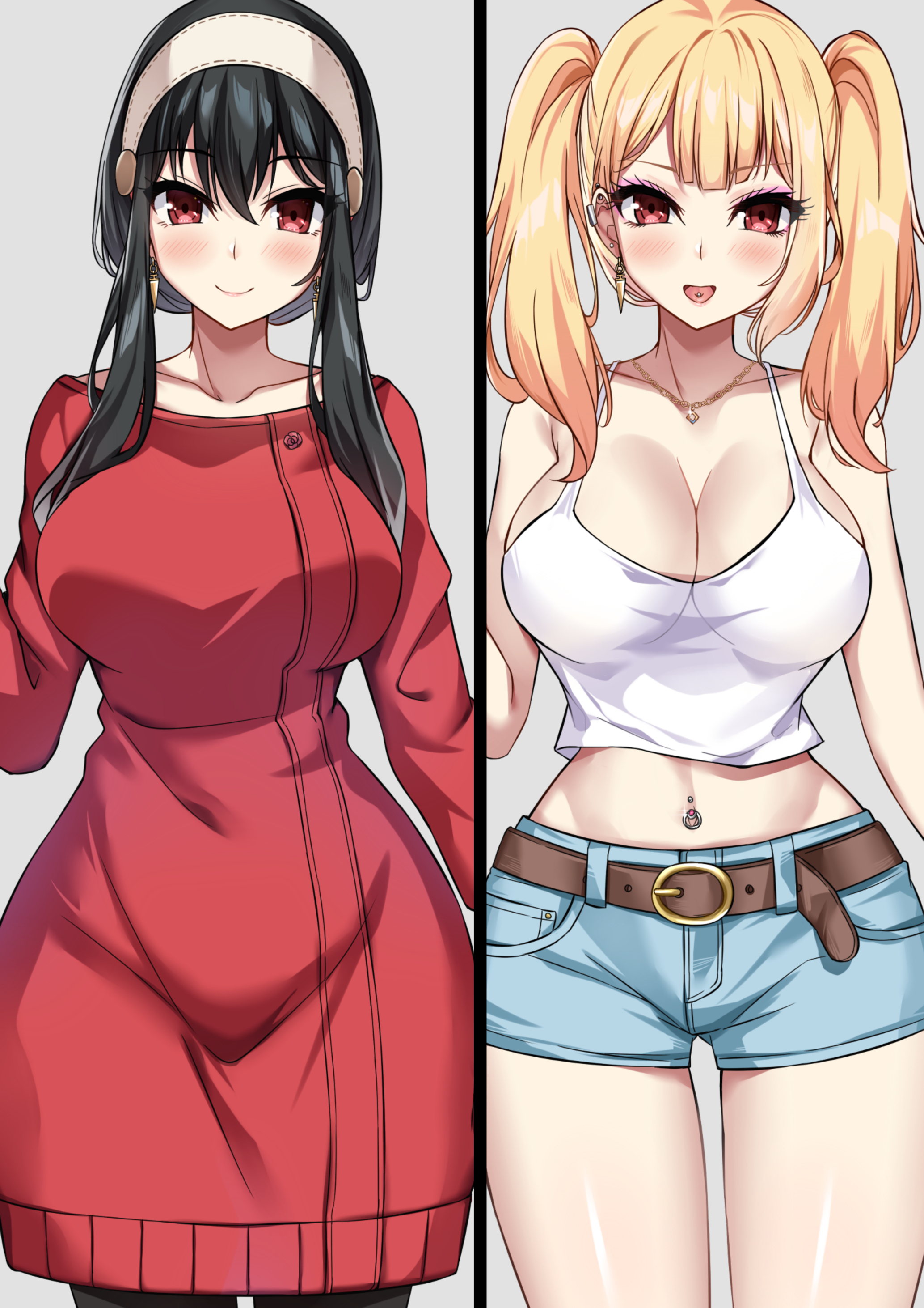 1girls, ass, before and after, belt, bimbo, bimbo body, bimbo yor, bimbofication, bimbofied, breasts, crop top, female, female only, gyaru, large ass, large breasts, makeup, midriff, revealing clothes, short shorts, solo, spy x family, thick thighs, thighhighs, transformation, wide hips, yor briar, yor forger