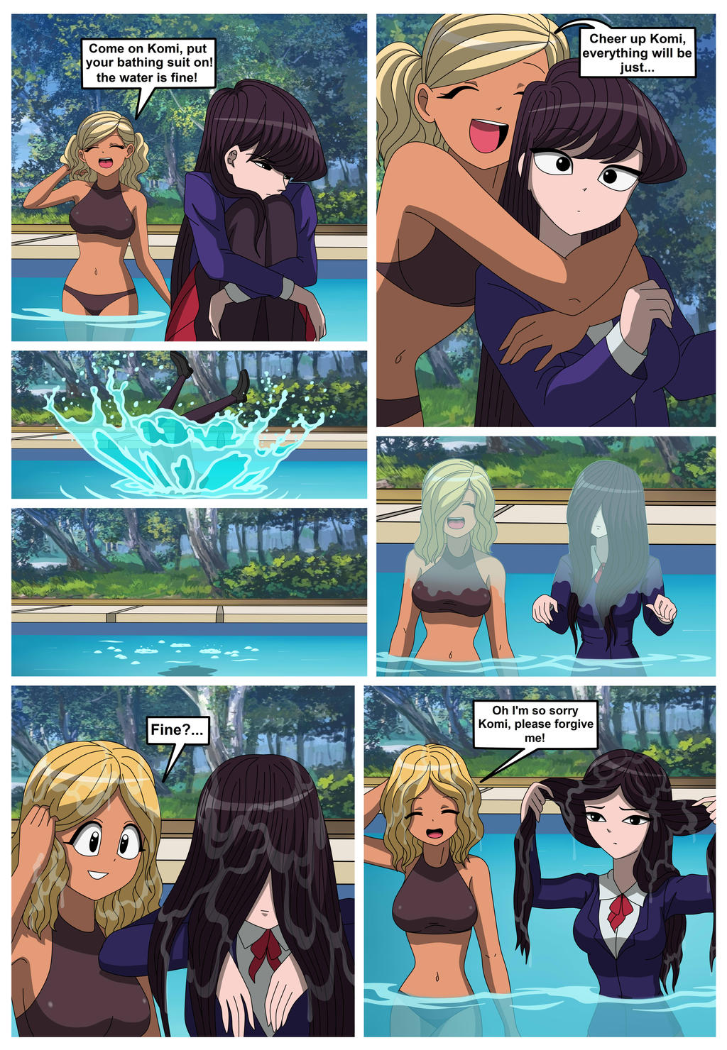 2girls blonde_hair dark-skinned_female female female_only gyaru komi-san_wa_komyushou_desu komi_shouko manbagi_rumiko pool serisabibi soaked tagme wet wholesome