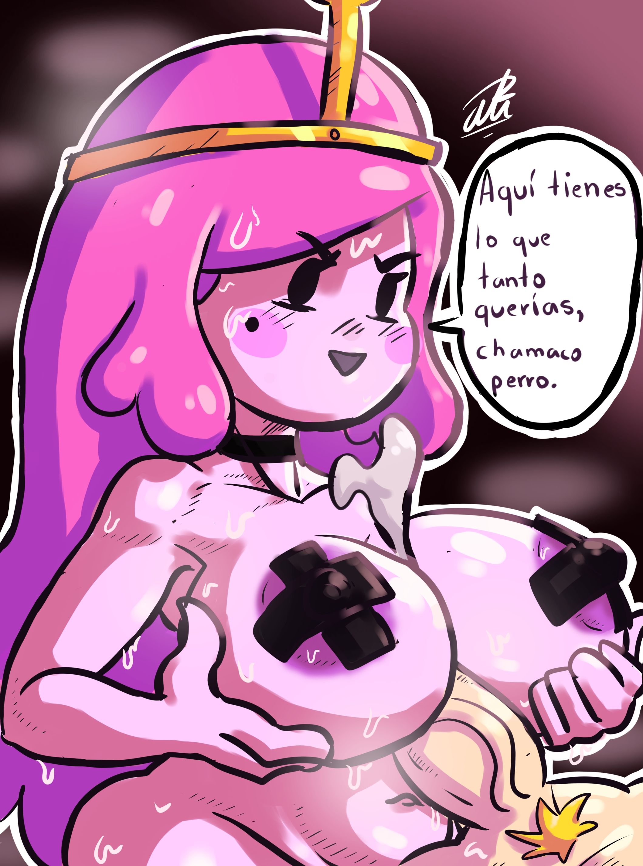 1boy, 1girls, adventure time, alternate version available, angry, big breasts, big penis, blush, breasts, busty, cartoon network, cum, female, finn the human, hairy penis, human, male, mole, naked, nipple bulge, nude, paizuri, penicilino123, penis, penis between breasts, pepitocuario123, pink body, pink hair, pink skin, princess, princess bubblegum, royalty, spanish text, sweat, talking, taped nipples, thick thighs, titjob, veiny penis
