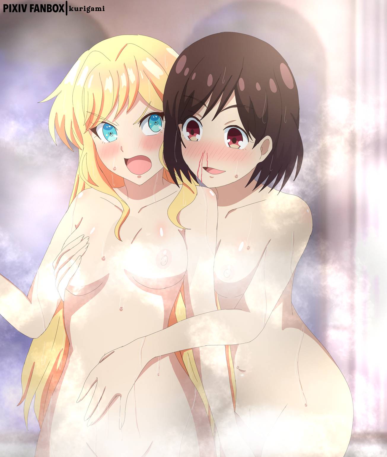 2girls, angry face, blush, breasts, claire francois, female, female only, grabbing breasts, hand on belly, i favor the villainess, kurigami, lesbian, multiple females, multiple girls, nosebleed, rae taylor, steam, watashi no oshi wa akuyaku reijou, yuri