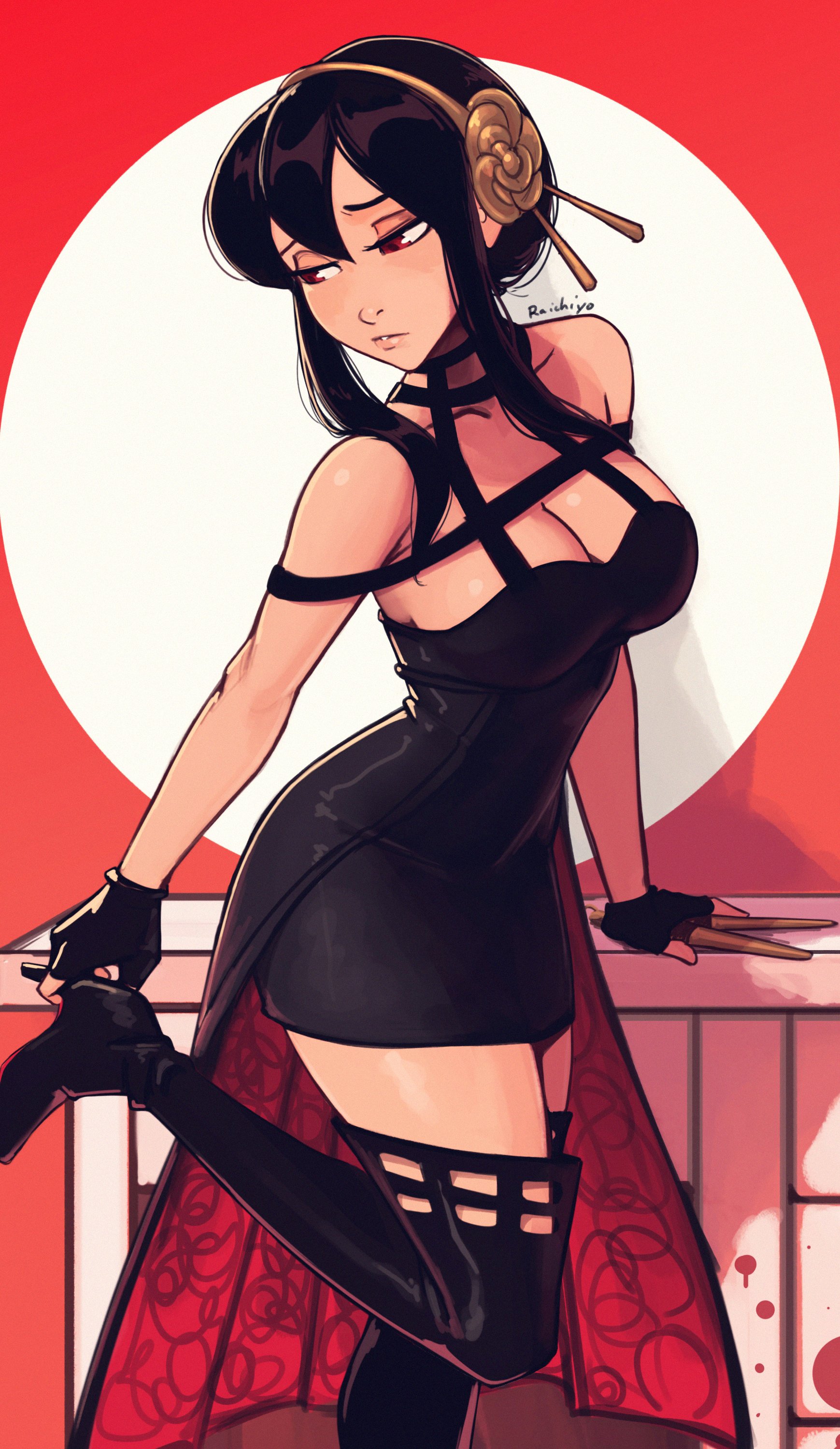 1girls, alternate costume, asian, assassin, big breasts, breasts, dress, female, female human, female only, human, large breasts, light skin, light-skinned female, mature female, raichiyo33, slim waist, solo, spy x family, thigh boots, thighhighs, thorn princess, yor briar, yor forger
