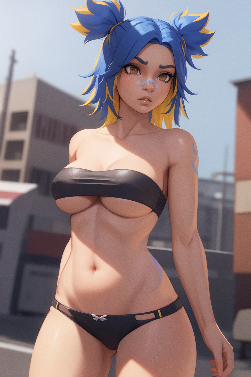 1girls ai_generated blue_hair bra breasts brown_eyes female female_only kirill782 looking_at_viewer navel neon_(valorant) nipples nude panties riot_games solo stable_diffusion standing strapless twintails valorant yellow_hair