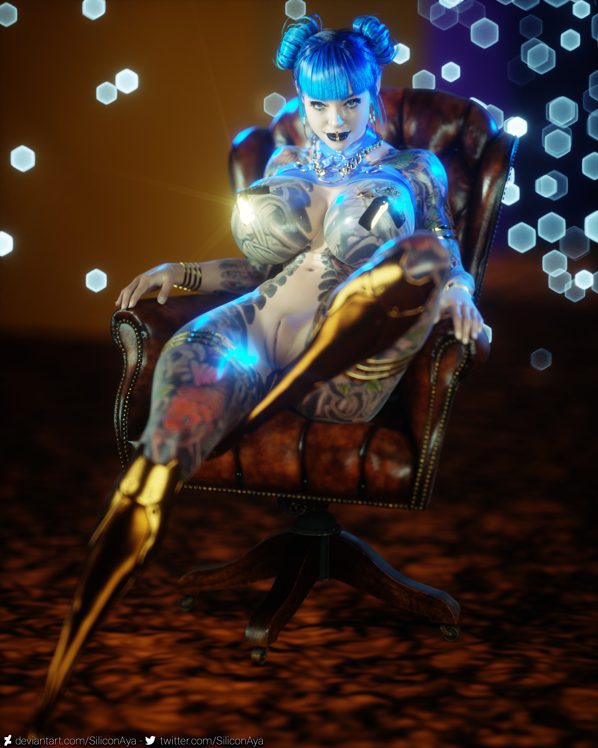 1girls, 3d, 3d (artwork), big breasts, blue eyes, blue hair, bracelet, breasts, cd projekt red, cheri nowlin, cyberpunk 2077, female, female focus, female only, full body tattoo, lipstick, looking at viewer, makeup, naked, naked female, navel, necklace, nude, nude female, pasties, prosthetic, pussy, siliconaya, sitting, sitting on chair, tattoo, tattoos, tattoos everywhere, thick thighs, thighs, wide hips, x pasties, yakuza tattoo