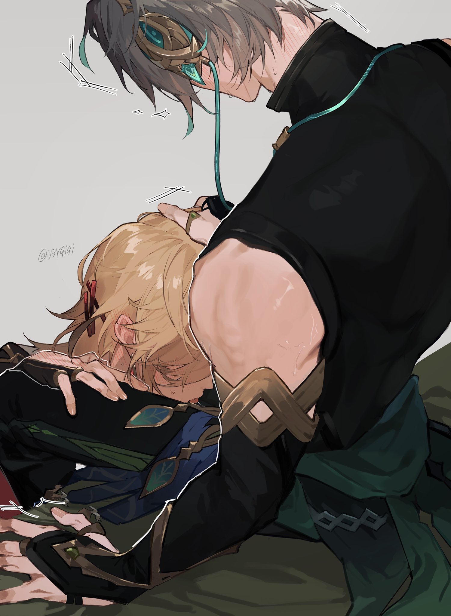 2boys, alhaitham (genshin impact), blonde hair, fully clothed, gay, genshin impact, grey hair, head grab, hoyoverse, kaveh (genshin impact), kneeling, male, no visible genitalia, saliva trail, tongue, tongue out, yaoi