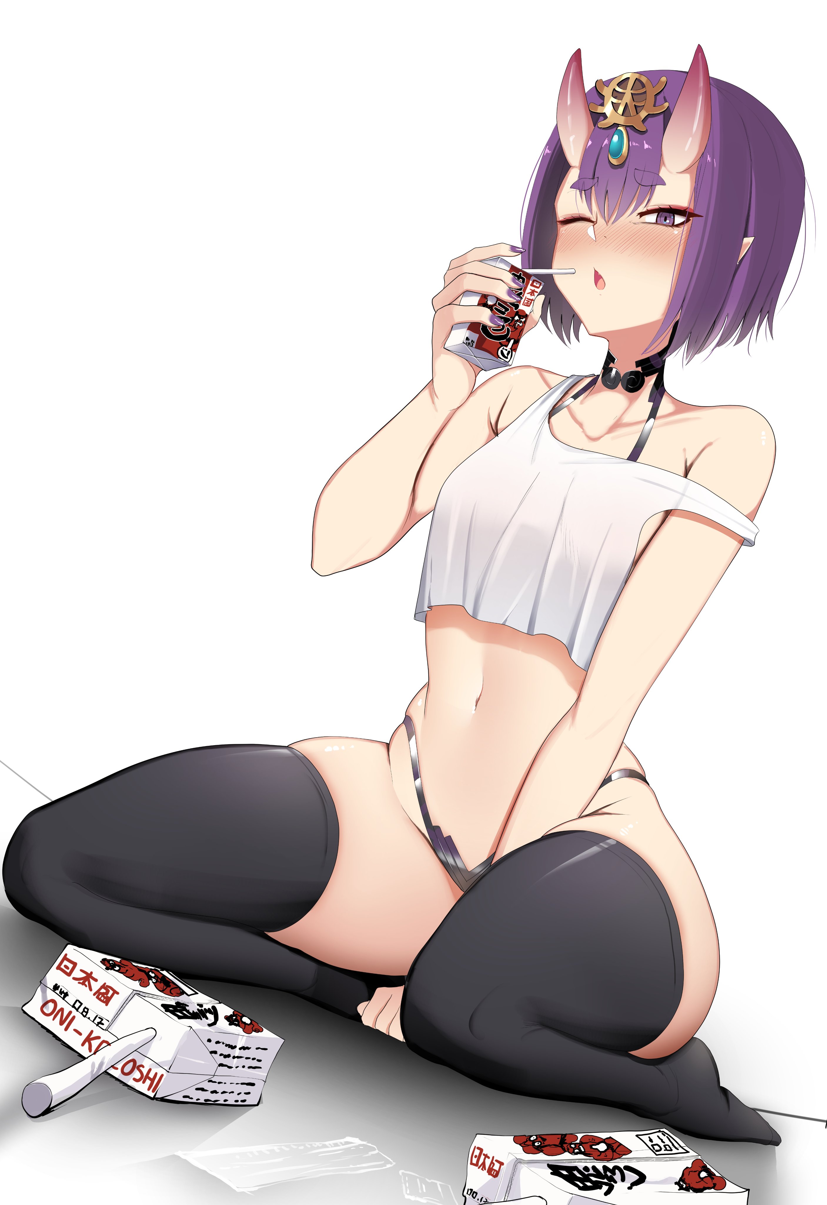 1girls, breasts, demon, demon girl, fate (series), fate/grand order, female, horns, light skin, light-skinned female, oni, oni horns, panties, petite, petite body, purple eyes, purple hair, sally (luna-arts), short hair, shuten douji (fate), skindentation, slim waist, small breasts, tank top, thick thighs, thighhighs, thighs, wide hips