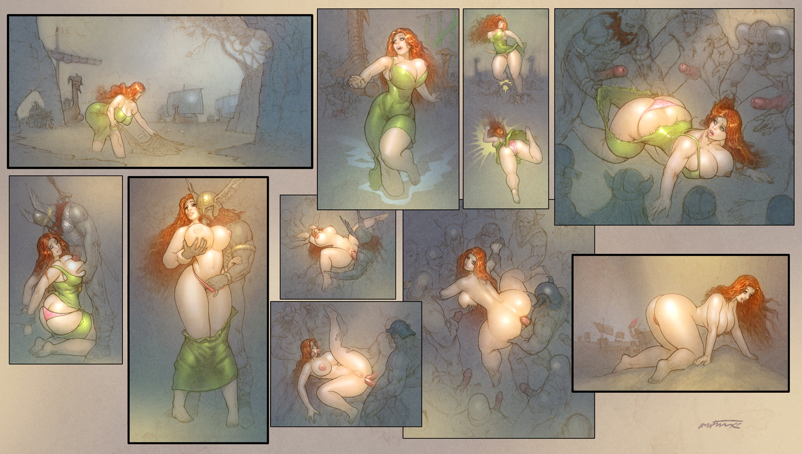 aileen (character), all fours, anal, anal sex, arcturusx1, ass, breast lick, breasts, cleavage, comic, dc, dc comics, double anal, double penetration, dress, fellatio, female, fingering, gangbang, huge breasts, long hair, male, multiple boys, multiple males, nipples, nude, oral, oral penetration, oral sex, orange hair, paizuri, panties, penis, poison ivy (cosplay), pussy, sex, spitroast, standing, sword swallowing position, vaginal penetration, viking