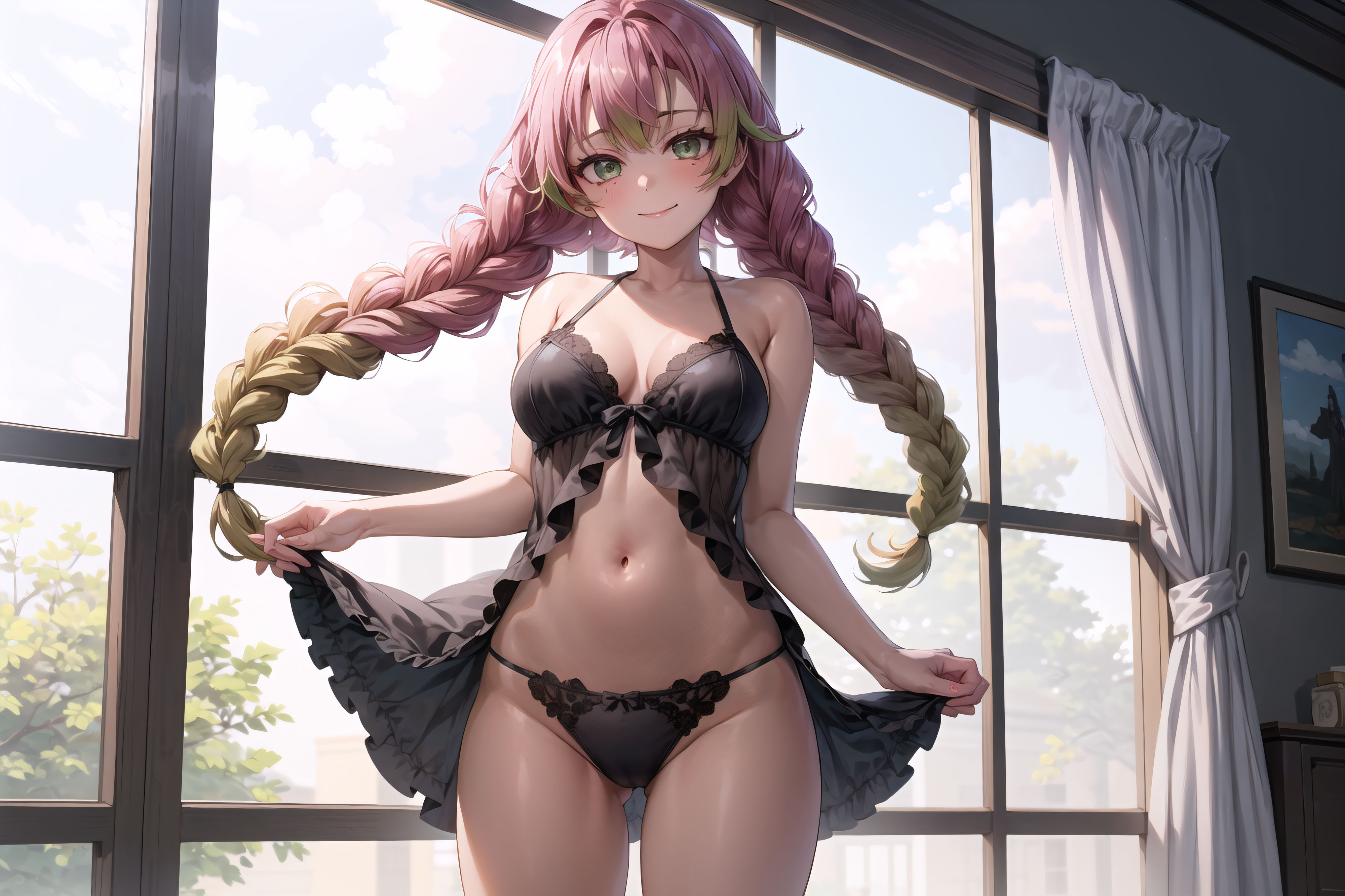 1girls, ai generated, artist request, belly button, big breasts, black panties, blush, braid, breasts, busty, cleavage, demon slayer, female, female focus, female only, green eyes, green hair, kanroji mitsuri, kimetsu no yaiba, lingerie, mole under eye, multicolored hair, navel, panties, pink hair, revealing clothes, solo, solo female, thick thighs, thighs, thin waist, two-tone hair, underwear, voluptuous, voluptuous female, wide hips