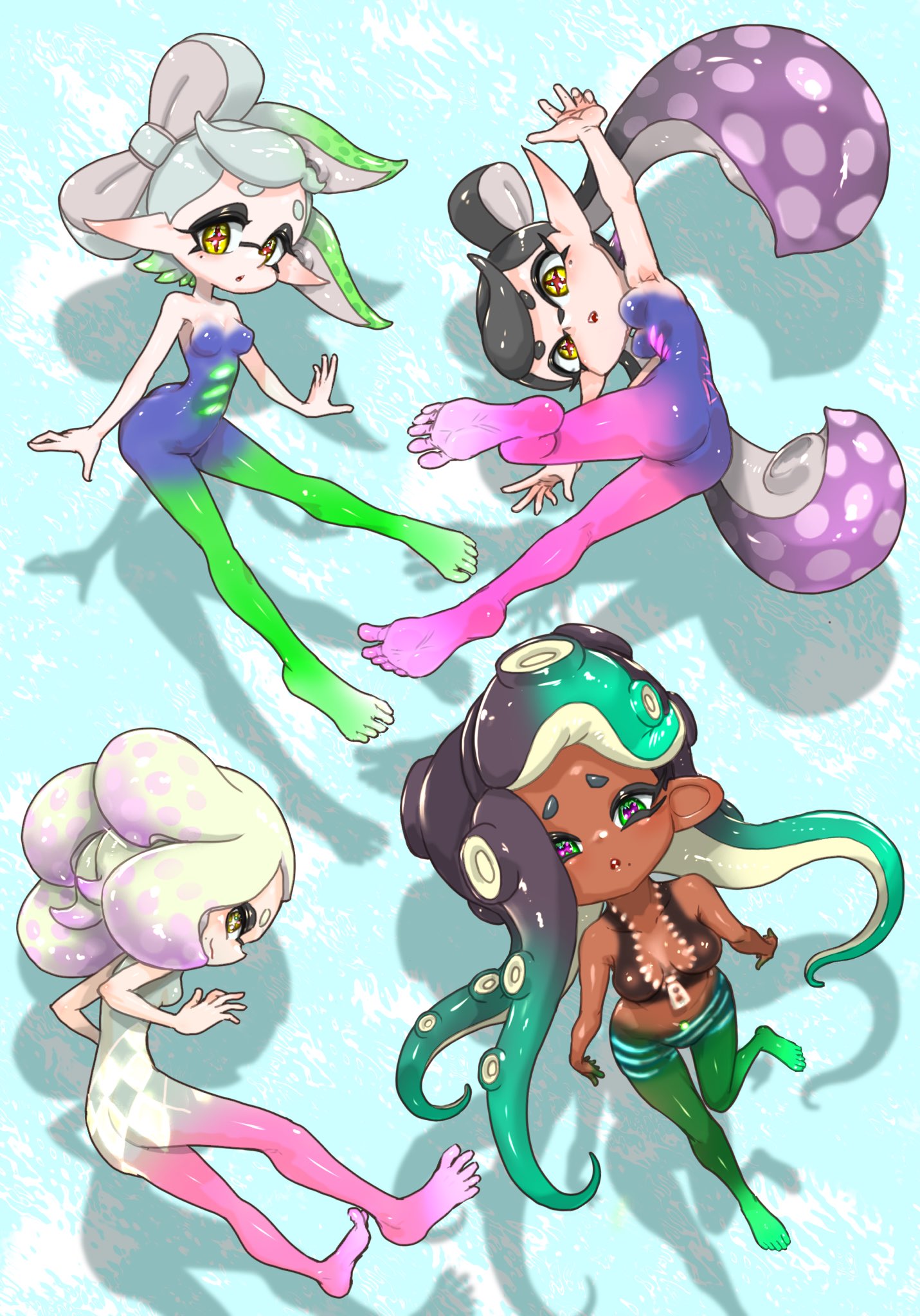 4girls bodypaint callie_(splatoon) female inkling inkling_girl koharuno2 marie_(splatoon) marina_(splatoon) multiple_girls octoling octoling_girl off_the_hook_(splatoon) painted_clothes pearl_(splatoon) splatoon splatoon_(series) splatoon_2 squid_sisters