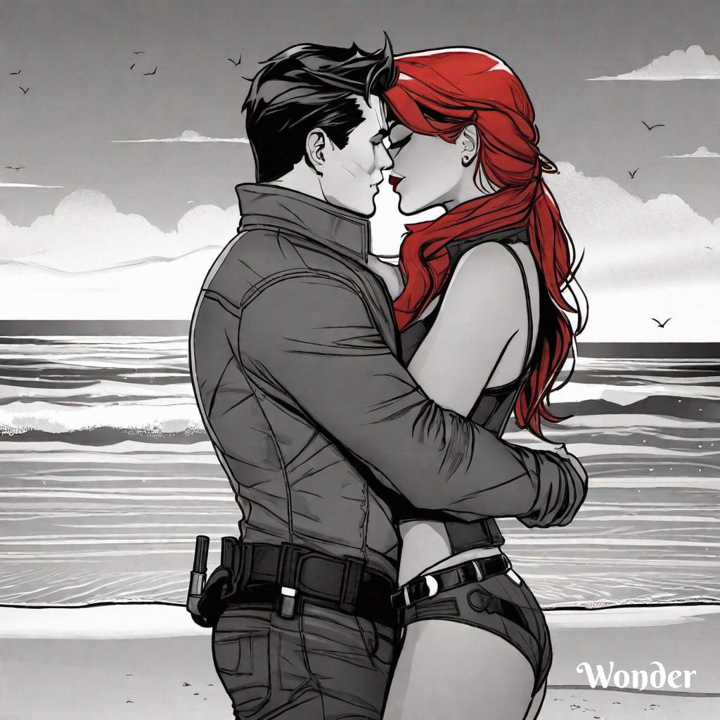 1boy 1boy1girl 1girls ai_generated amazon arm_around_partner arm_around_waist artemis_(dc) artemis_of_bana-mighdall batman_(series) canon_couple dc dc_comics embrace face-to-face female hugging imminent_kiss jason_todd lipstick male male/female red_hair red_hood_(dc) red_hood_and_the_outlaws red_lipstick romantic romantic_couple seaside straight themysciran wholesome