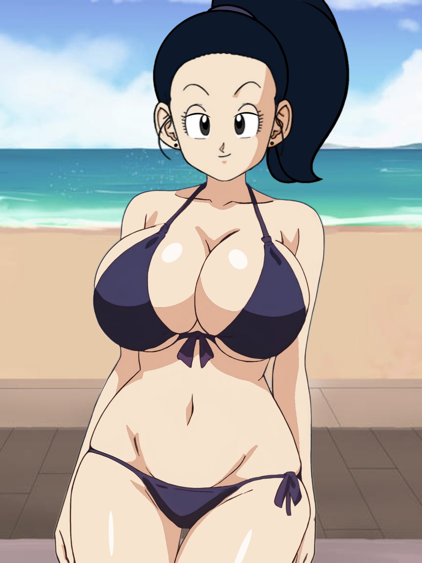 1girls, anime, beach, big breasts, bikini, black eyes, black hair, blue bikini, breasts, breasts bigger than head, chichi, chichi verse, dragon ball, dragon ball z, edit, female, female focus, female only, light skin, light-skinned female, looking at viewer, manga, midriff, milf, navel, ocean, ponytail, sea, seductive, seductive eyes, seductive look, sky, solo, solo female, solo focus, thick thighs, thighs