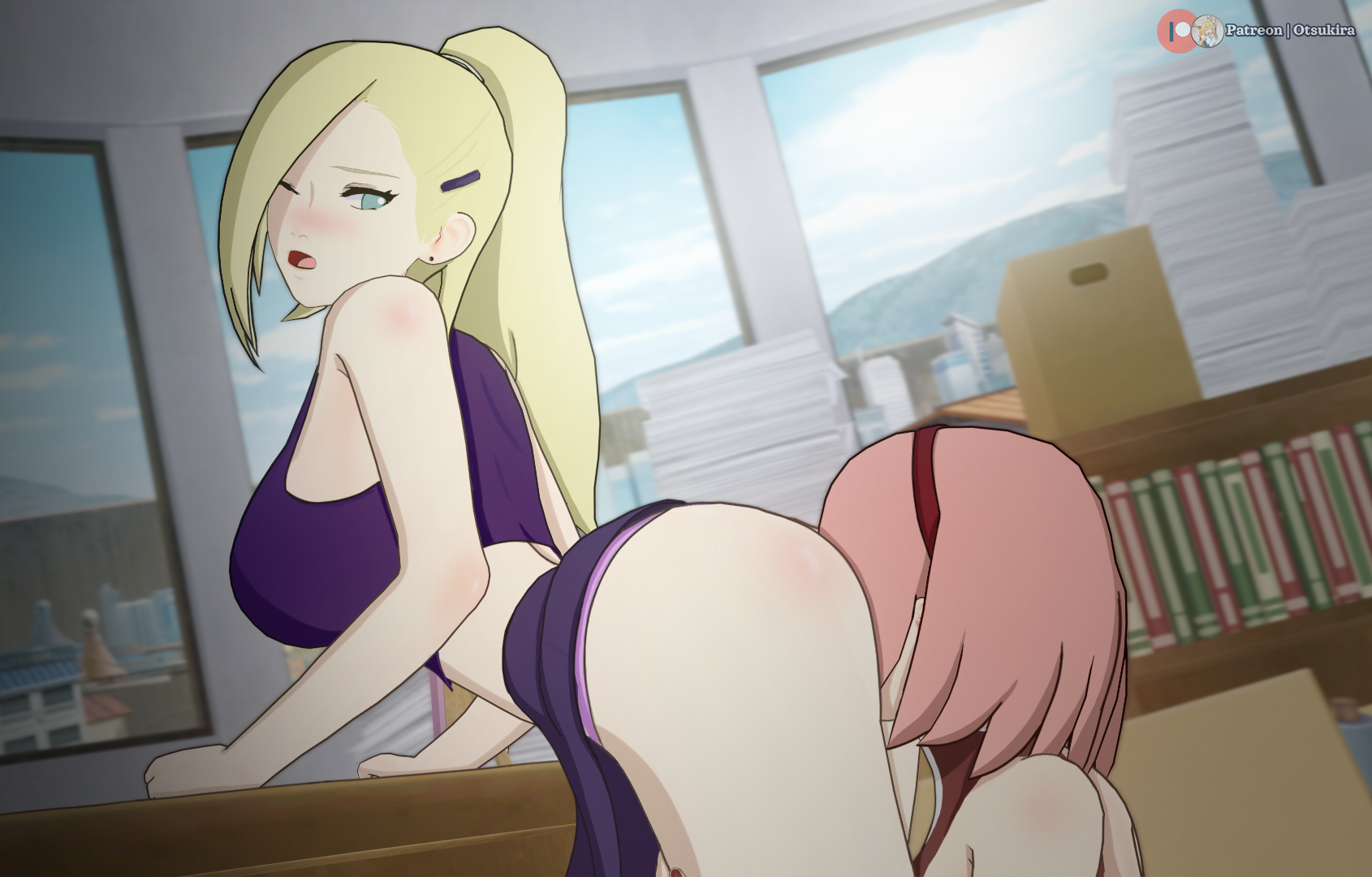 2girls, ass, ass smothering, boruto: naruto next generations, breasts, clothed sex, dress, eating ass, face in ass, female, female only, female/female, from behind, human, indoors, ino yamanaka, koikatsu, mature, mature female, milf, moaning, multiple females, multiple girls, naruto, naruto (series), office, one eye closed, oral, oral sex, otsukira, panties, patreon username, sakura haruno, shirt, sideboob, skirt, skirt lift, smothering, smothering ass, underwear, url, watermark, web address, yuri