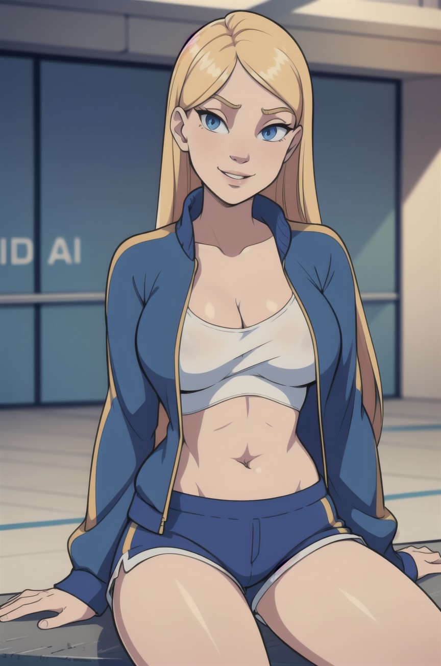 1girls ai_generated big_breasts blonde_hair blue_clothes blue_clothing blue_eyes blue_jacket blue_shorts bonnieaiart cornelia_hale deviantart_link disney female female_solo gym_clothes gym_shorts gym_uniform human indoors jacket jpeg large_breasts light-skinned_female minishorts solo solo_female w.i.t.c.h.