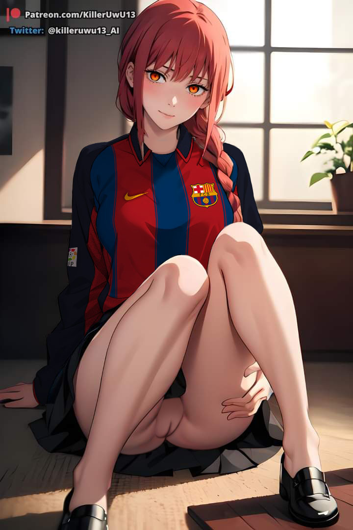 ai_generated bottomless chainsaw_man fc_barcelona long_hair long_sleeves looking_at_viewer makima_(chainsaw_man) nekom14 no_panties red_hair soccer soccer_jersey upskirt yellow_eyes