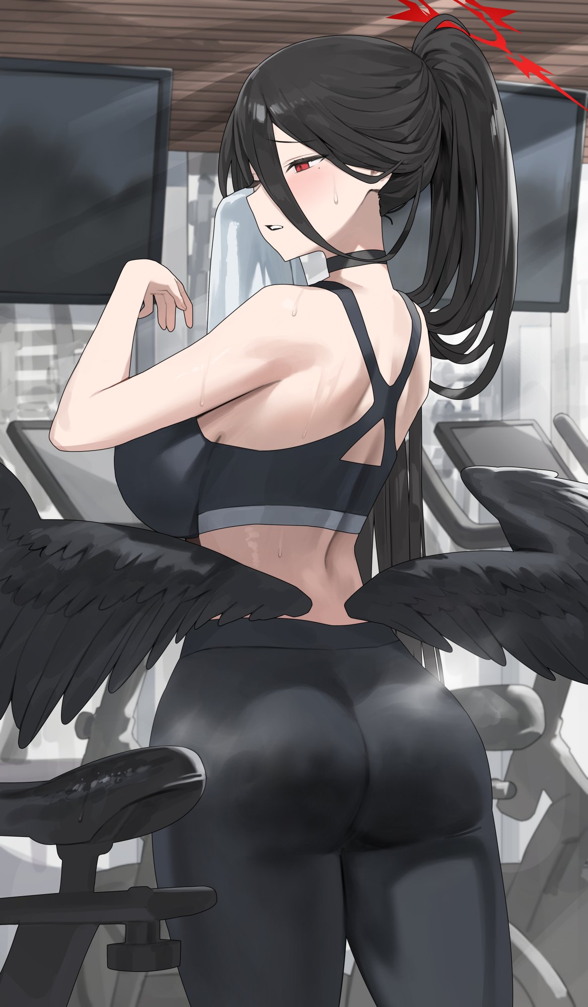 1girls, 2023, alternate costume, ass, black choker, black hair, black pants, black sports bra, black wings, blue archive, breasts, choker, female, from behind, hair between eyes, halo, hasumi (blue archive), highres, hood x art, justice task force (blue archive), large breasts, long hair, low wings, midriff, mole, mole under eye, monitor, pants, parted lips, red halo, solo, sports bra, sportswear, sweat, sweatdrop, sweating, trinity general school student, wings, yoga pants