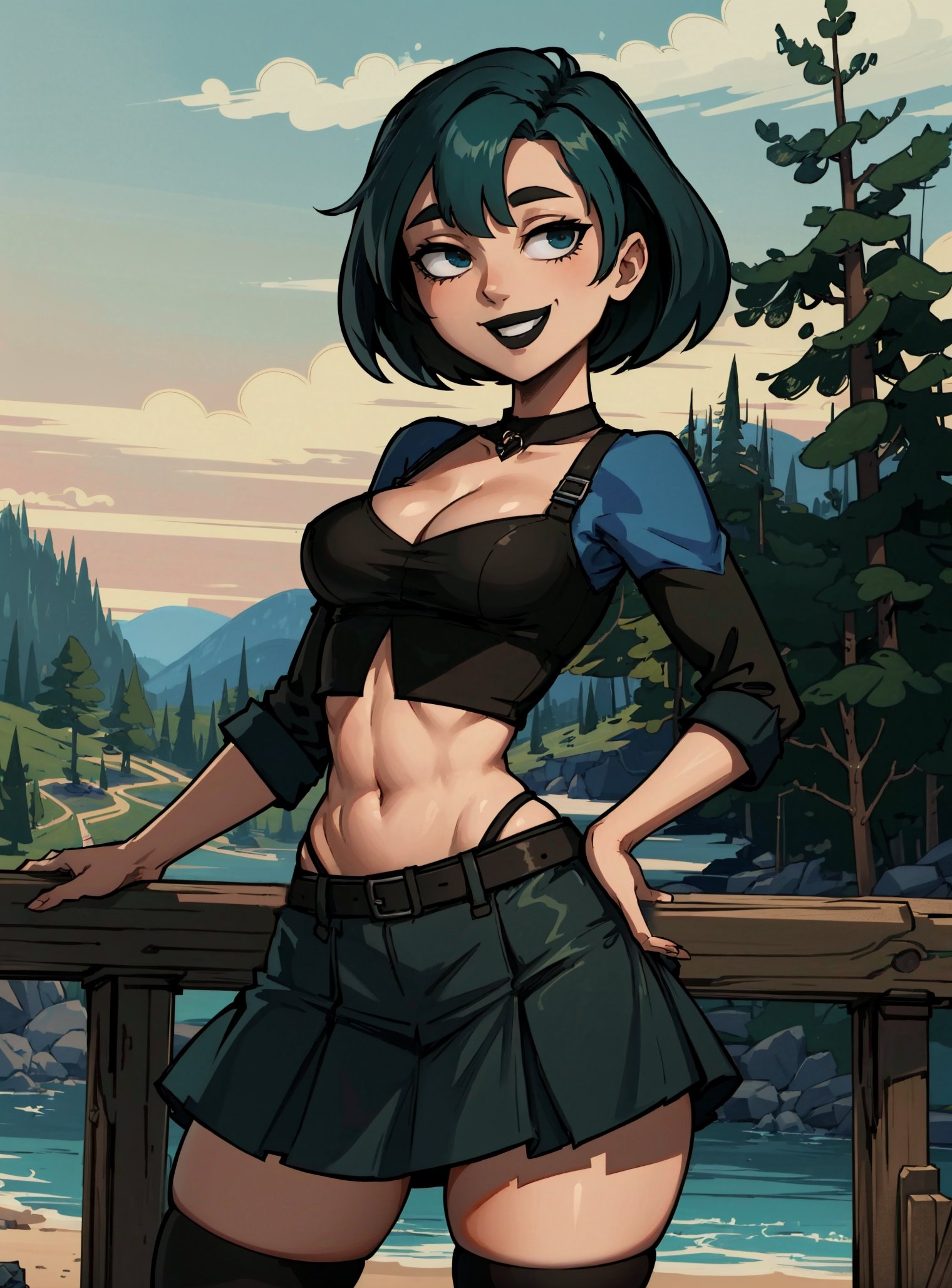 ai generated, athletic, athletic female, big breasts, black hair, black socks, breasts, busty, female, female focus, female only, green hair, gwen (tdi), hourglass figure, long hair, makimass ai, pinup, pinup pose, socks, tagme, thigh socks, thighhighs, total drama island, two tone hair, wide hips