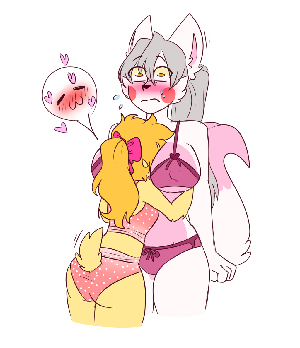 2girls, anthro, avian, big breasts, bird, blonde hair, blushing, bra, breasts, canid, canine, chicaxmangle, chicken, clothing, couple, cute, duo, eyes, eyes open, face in breasts, female, female/female, ferroxchan, five nights at freddy's, five nights at freddy's 2, fox, furry, grey hair, hair, head in breasts, hug, mammal, mangle (fnaf), panties, pink body, pink fur, ponytail, red cheeks, scottgames, tail, thighs, tits, toy chica (fnaf), underwear, white body, white fur, yellow body, yellow fur, yuri