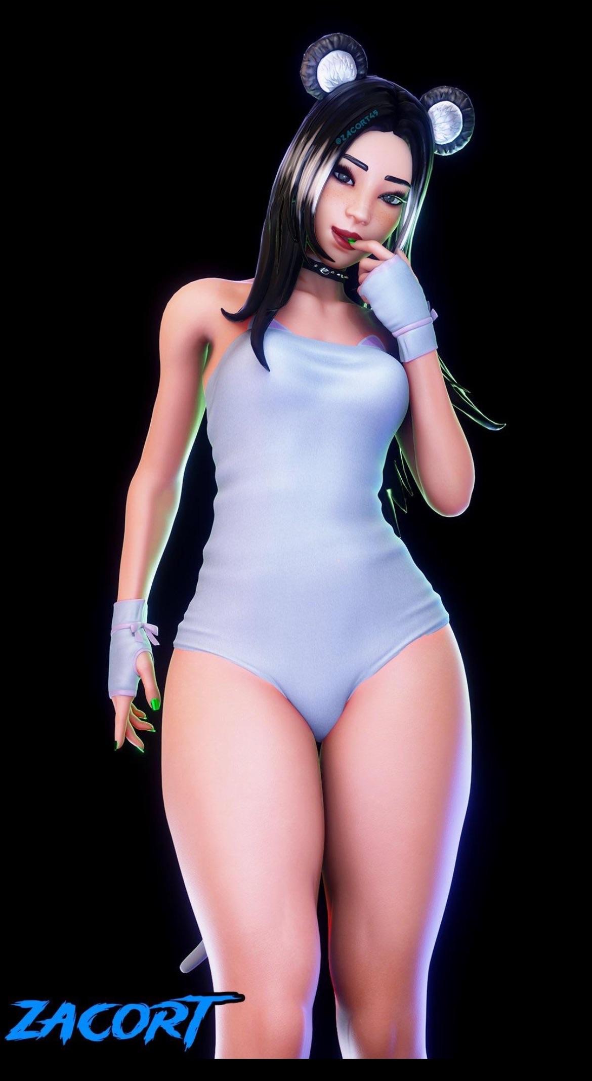 3d, female, fortnite, no bra, panda team leader, solo, suit, syd (fortnite), tagme, white suit, zacort