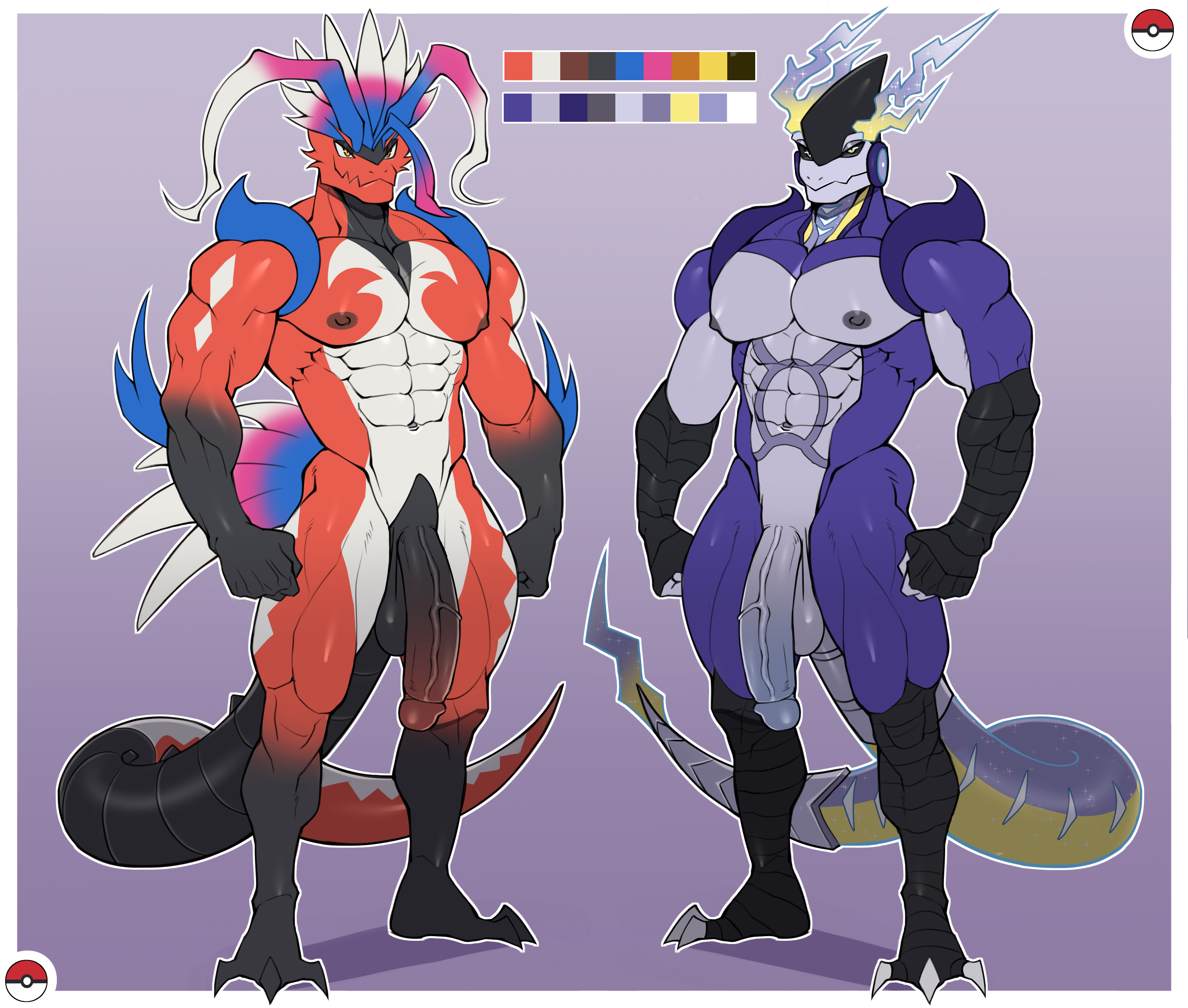 anthro, balls, bara, big penis, flaccid, gay, gay male, koraidon, male, male only, miraidon, muscles, muscular, muto20002, nintendo, nude, penis, pokemon, scalie, yaoi