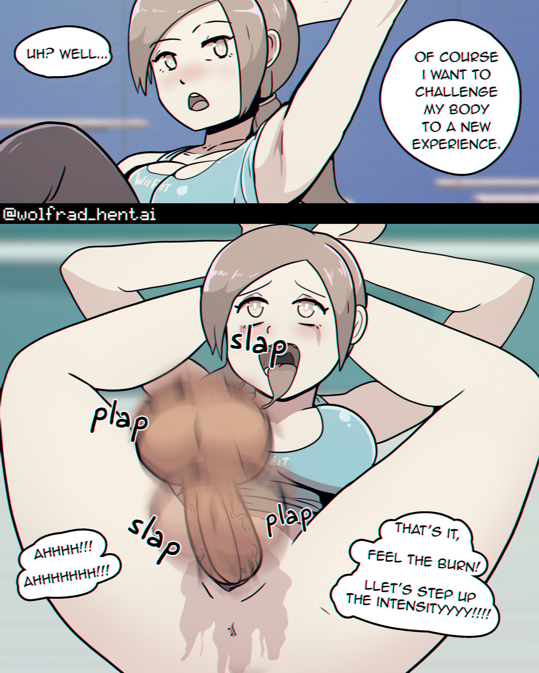 1boy, 1girls, ahe gao, anus, ass, backsack, balls, ballsack, dialogue, english, english text, female, hasselnut, instant loss, instant loss 2koma, legs crossed, light skin, light-skinned male, looking at viewer, looking pleasured, male, motion blur, penetration, pussy, sex, speech bubble, testicles, tongue, tongue out, vaginal penetration, white skin, wii fit, wii fit trainer, wii fit trainer (female), wolfgang bang