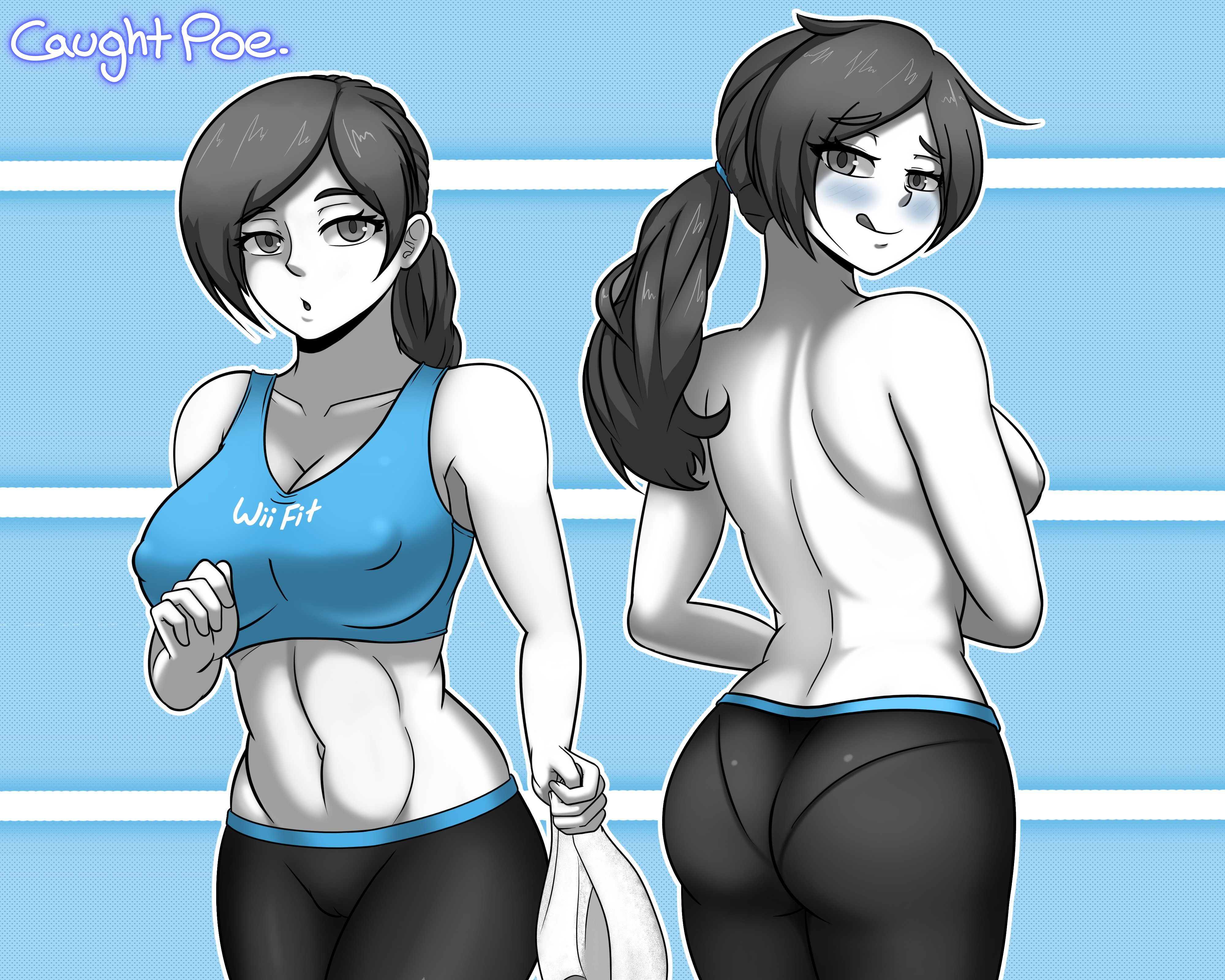 1girls, abs, ass, backboob, big ass, big breasts, big butt, black hair, blush, breasts, caughtpoe, female, female only, grey eyes, grey hair, light skin, light-skinned female, midriff, nintendo, nipple bulge, pale skin, ponytail, solo, sports bra, tagme, thick, thick thighs, tight clothing, topless, white body, wii fit, wii fit trainer, wii fit trainer (female), yoga pants