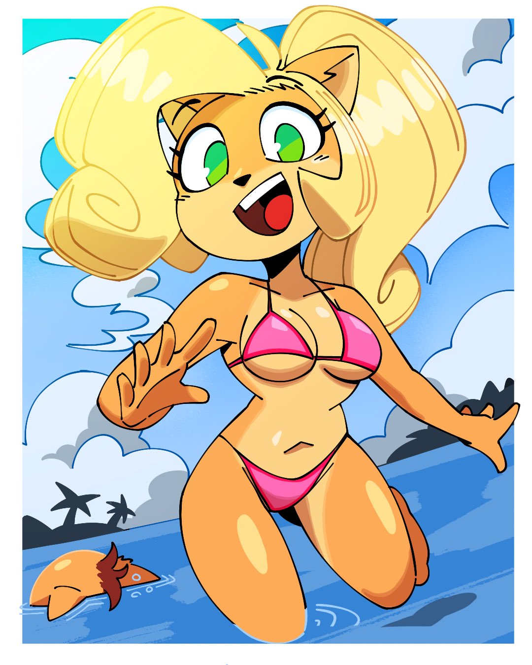 1boy 1girls animal_ears anthro bandicoot big_breasts bikini bikini_bottom bikini_top blonde_hair bottomwear breasts cleavage coco_bandicoot crash_(series) crash_(series) crash_bandicoot female female_focus green_eyes hair hips huge_breasts pink_bikini ponytail quintzy_xd swimwear thighs topwear water