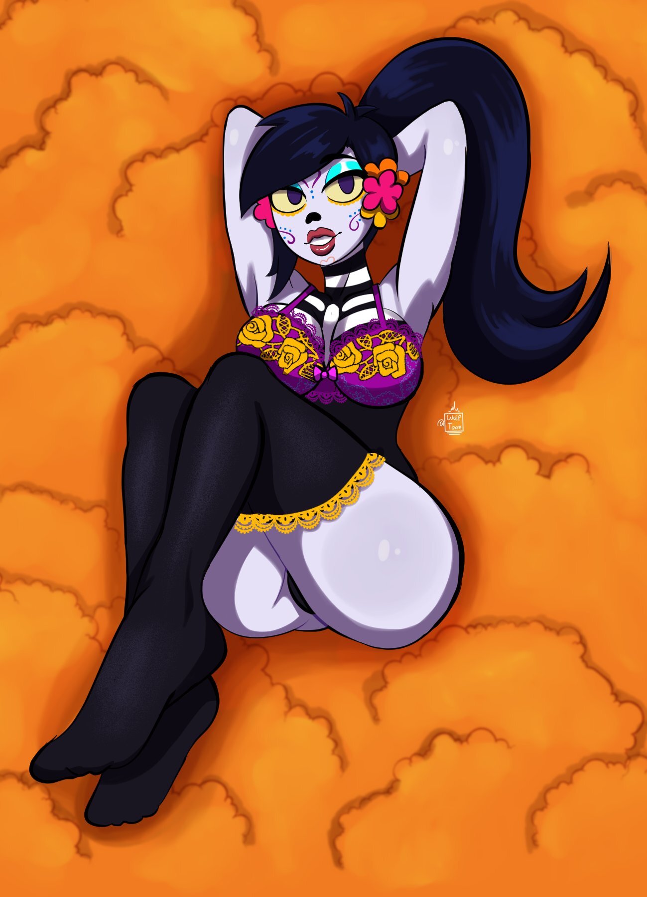 black_hair blue_eyeshadow catalina_la_catrina dia_de_los_muertos female female_only flower flowers laying_on_back lingerie mexican mexican_female orange_background ponytail purple_eyes purple_skin waiftoon