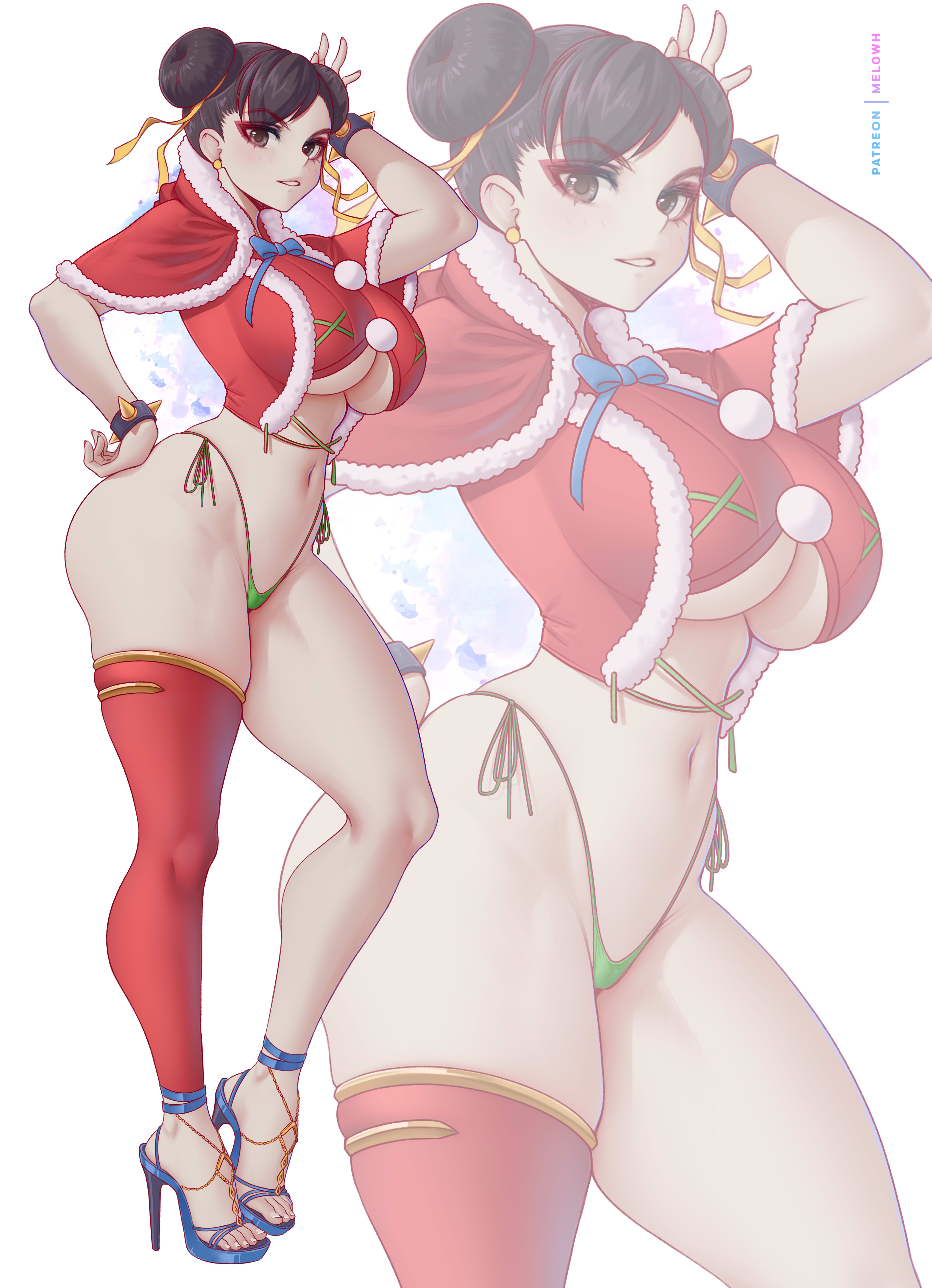 1girls, breasts, brown hair, capcom, christmas, chun-li, female, female only, huge breasts, light skin, light-skinned female, long legs, melowh, street fighter, thick thighs, twin buns, wide hips
