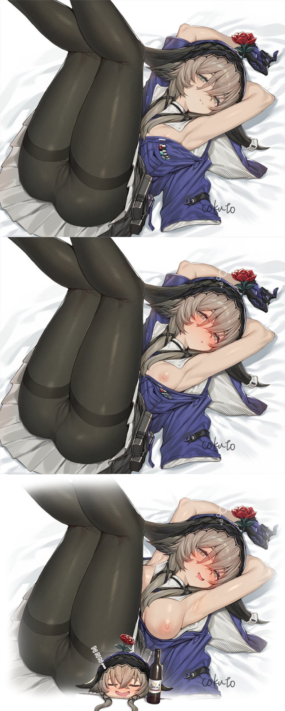 arknights cokuto1 drunk embarrassed female female_only horns one_breast_out pallas_(arknights) pantyhose